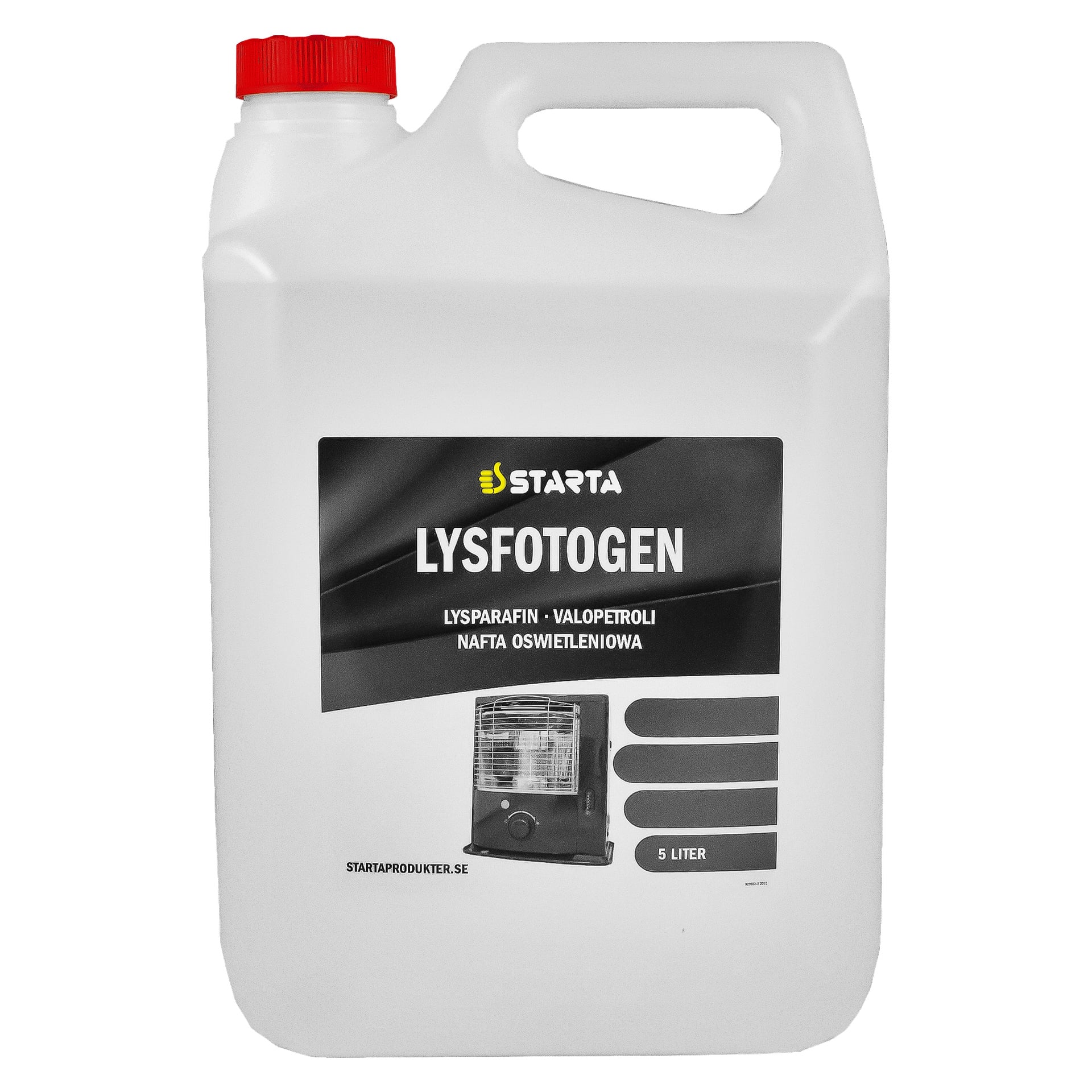 En 5-liters Starta Paraffin-plastbeholder med rød lokk, med en etikett merket "LYSFOTOGEN" og en illustrasjon av en ovn eller komfyr.