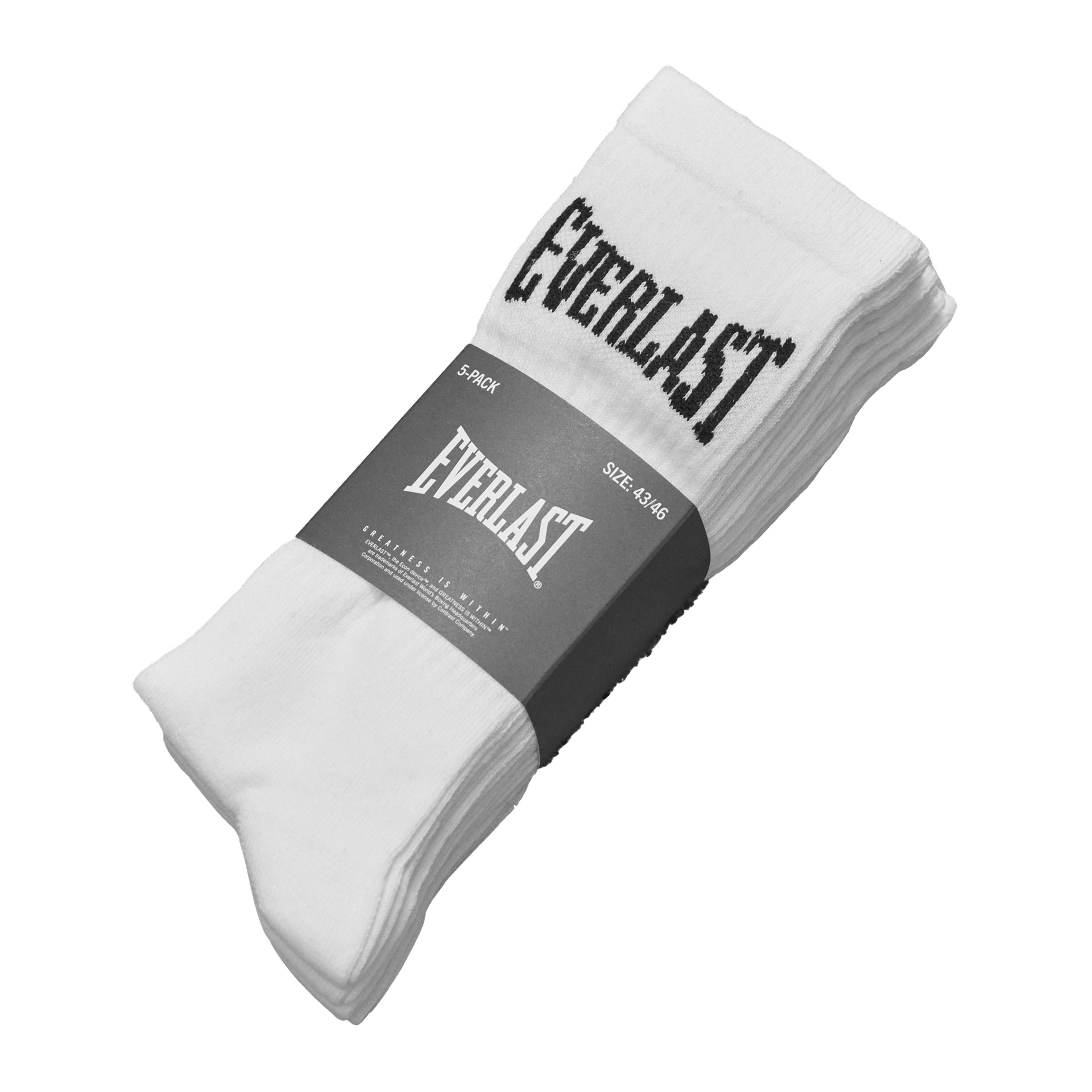Pakiet 5 białych skarpet Everlast z czarnym logo na wierzchu, złożonych i trzymanych czarno-białą metką z rozmiarem 43/46.