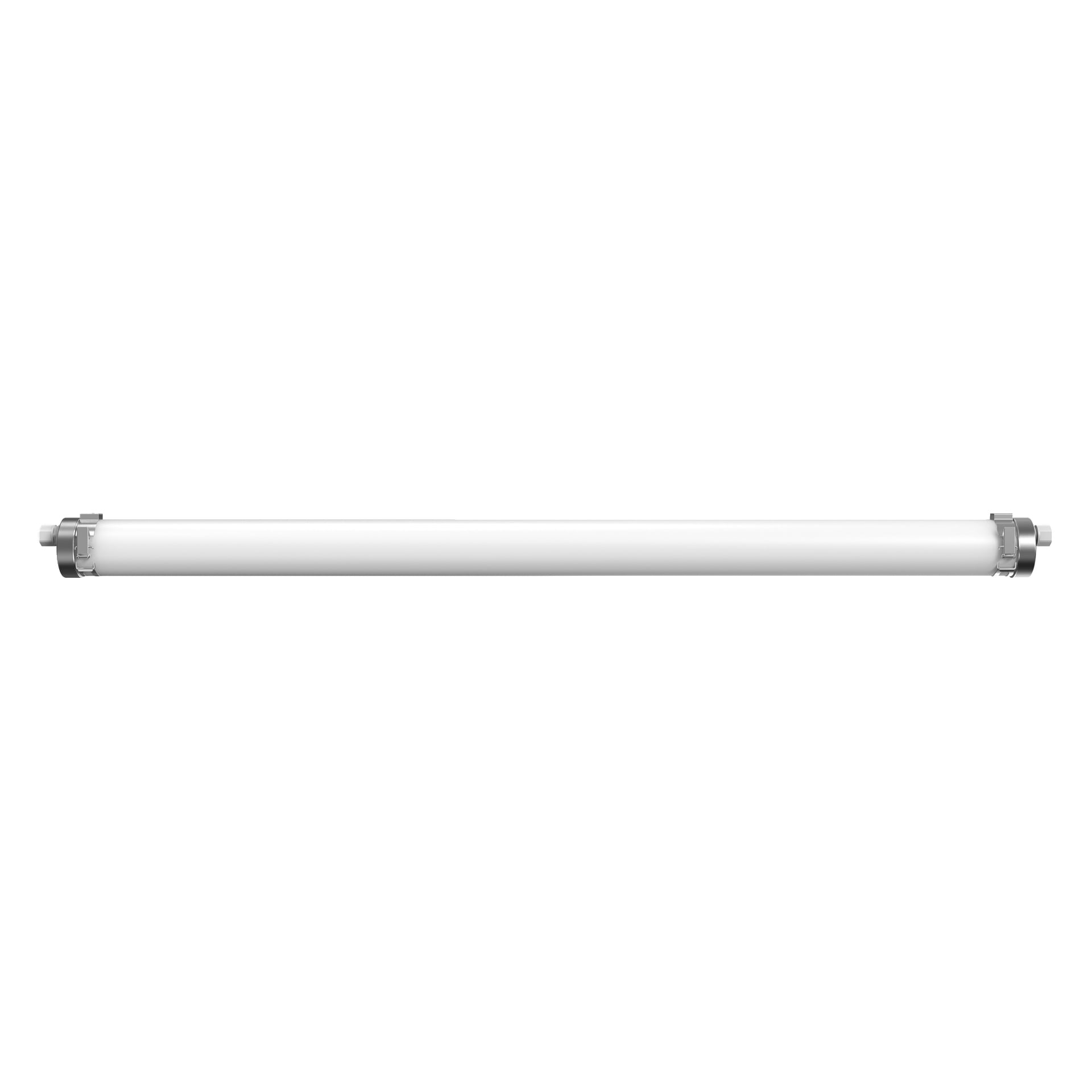 Anslut Industrial LED-lys: et horisontalt plassert sylindrisk rør med metallendelokk på hver side.