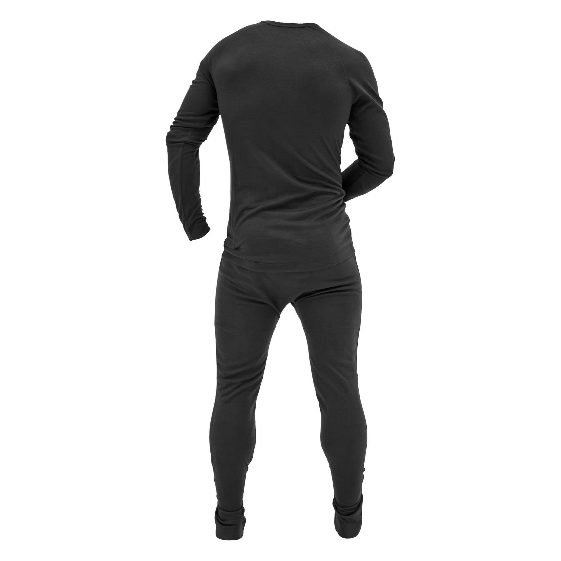 En person modellerar svarta Kayoba Outdoor Thermal Underwear (tvådelat herrset), med ryggen vänd bort och ena armen böjd bakom ryggen.