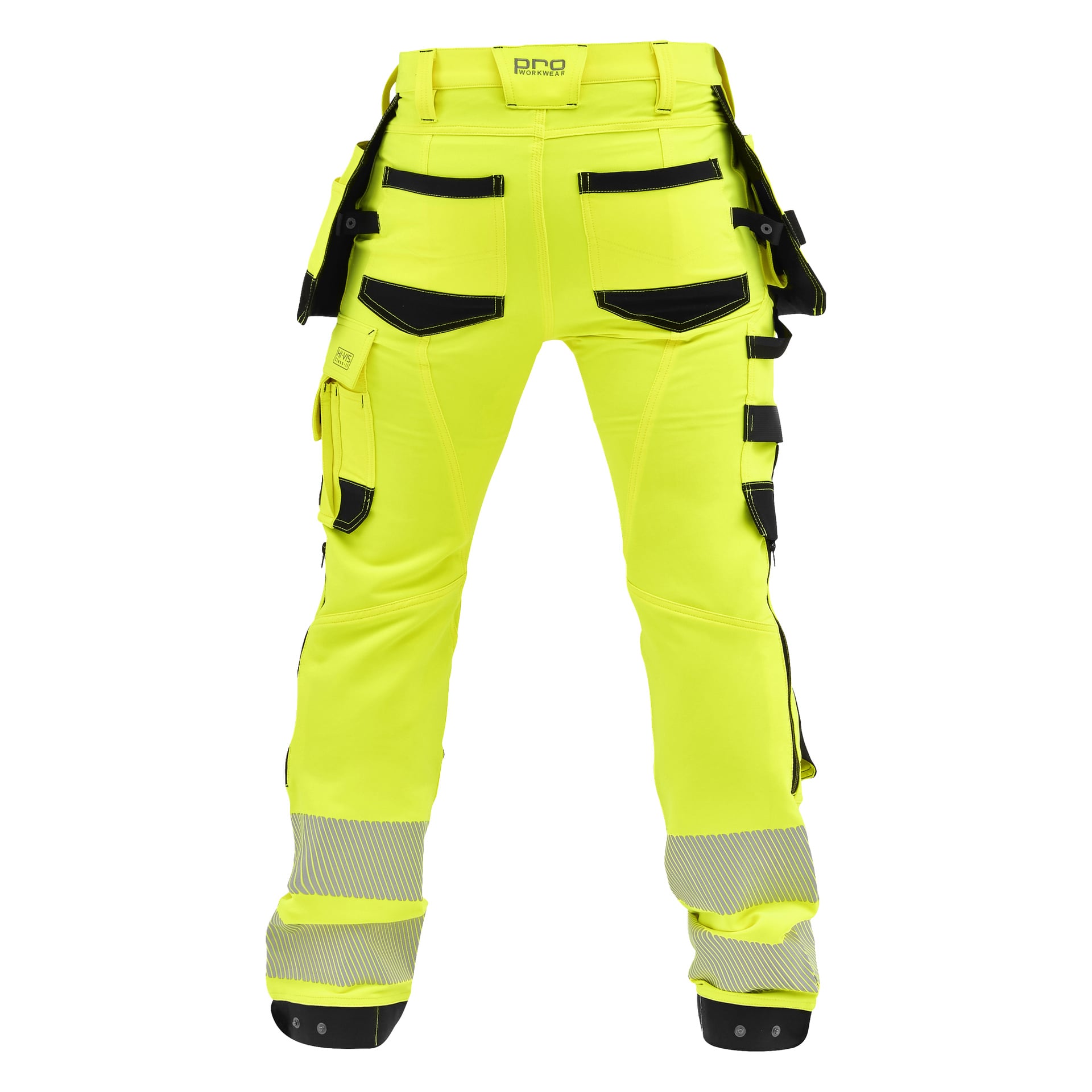 Bluewear Pro Hi-vis-byxor Steve i klargult, svarta fickor och öglor, reflekterande benband, förstärkta knän, backspegel.
