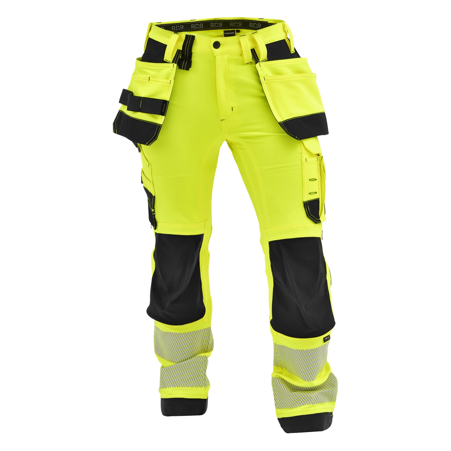 Bluewear Pro Workwear Steve hi-vis-byxor: klargula, svarta förstärkta knän, flera fickor, reflekterande remsor, verktygsöglor.