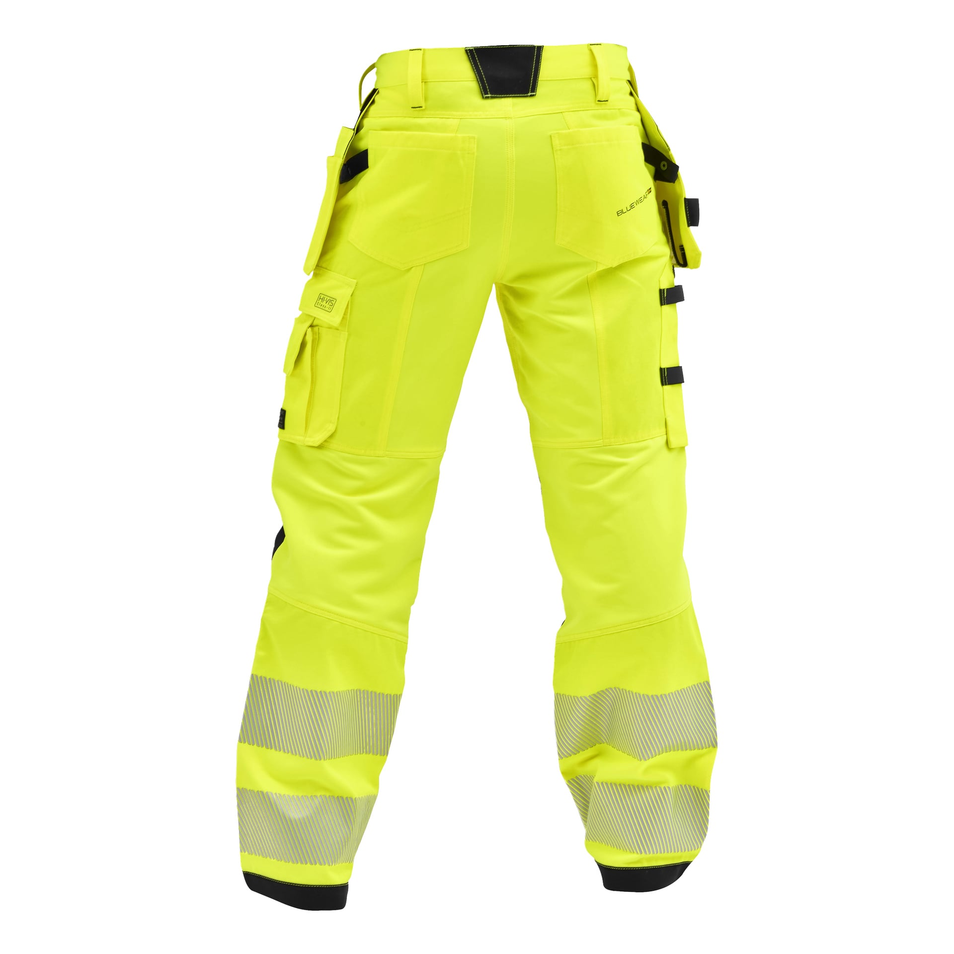 Yellow Bluewear Rex High Visibility Trousers sedda bakifrån med svarta förstärkningar, flera fickor, öglor och reflekterande ränder.