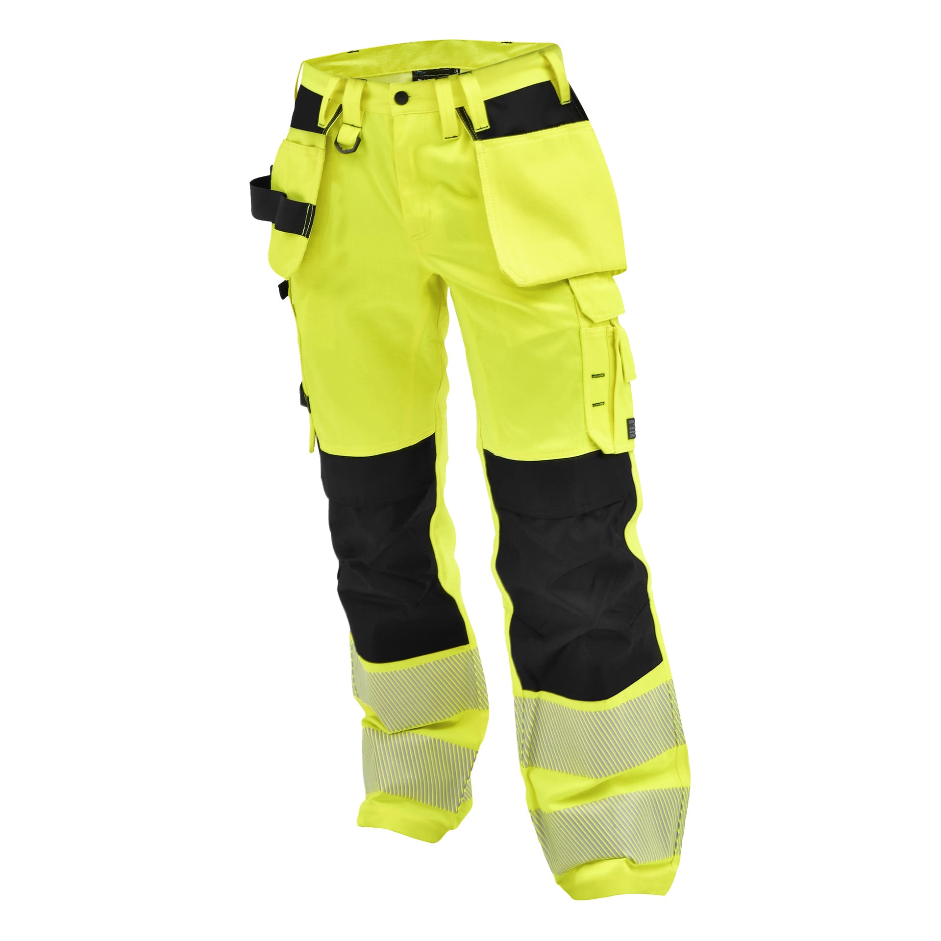Klargula Bluewear Rex högsynliga byxor har svarta detaljer, reflekterande remsor för nedre delen och flera verktygsfickor.