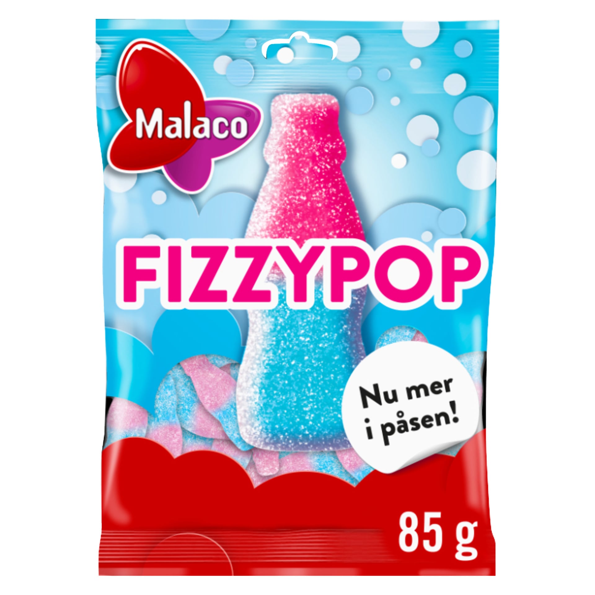 Malaco Fizzypop 85g påse med rosa och blå sockertäckta flaskgodis, bubblor och "Nu mer i påsen!" tryckt på förpackningen.