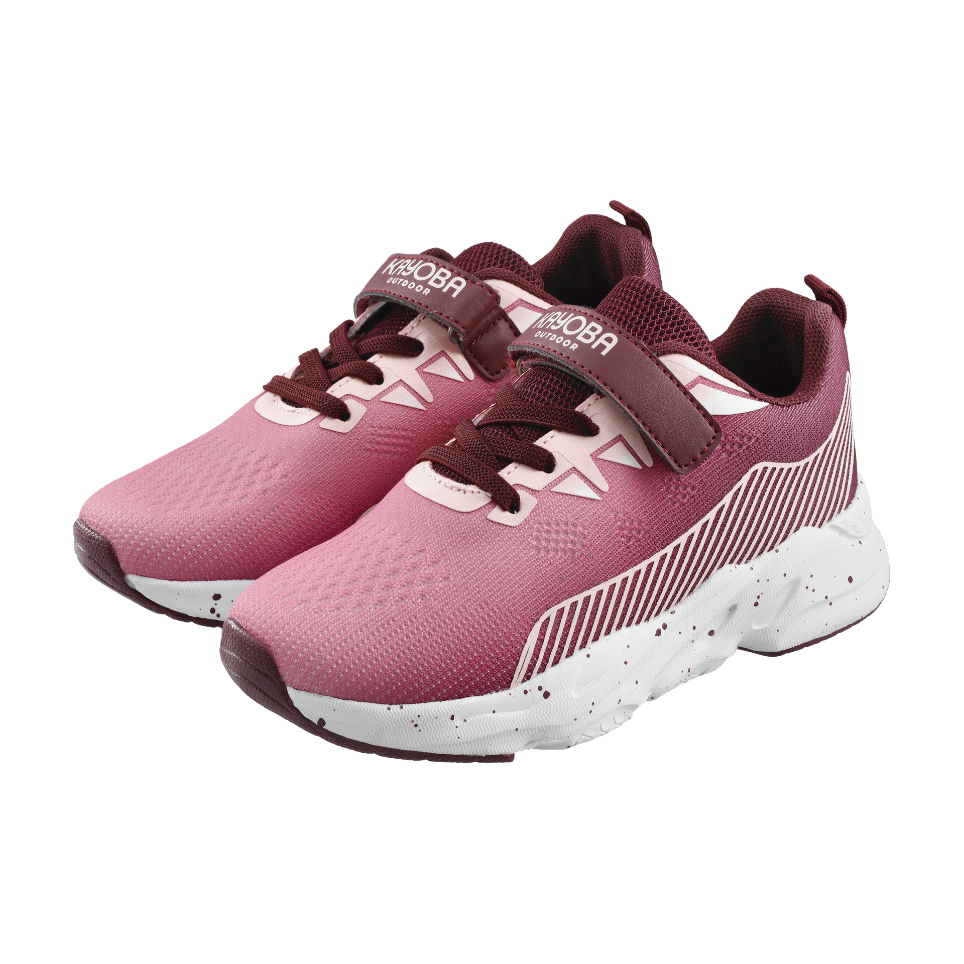 Barnrosa Kayoba Outdoor casual-skor med vinröda snören, detaljer, en hak-och-ögla rem och fläckiga vita sulor.
