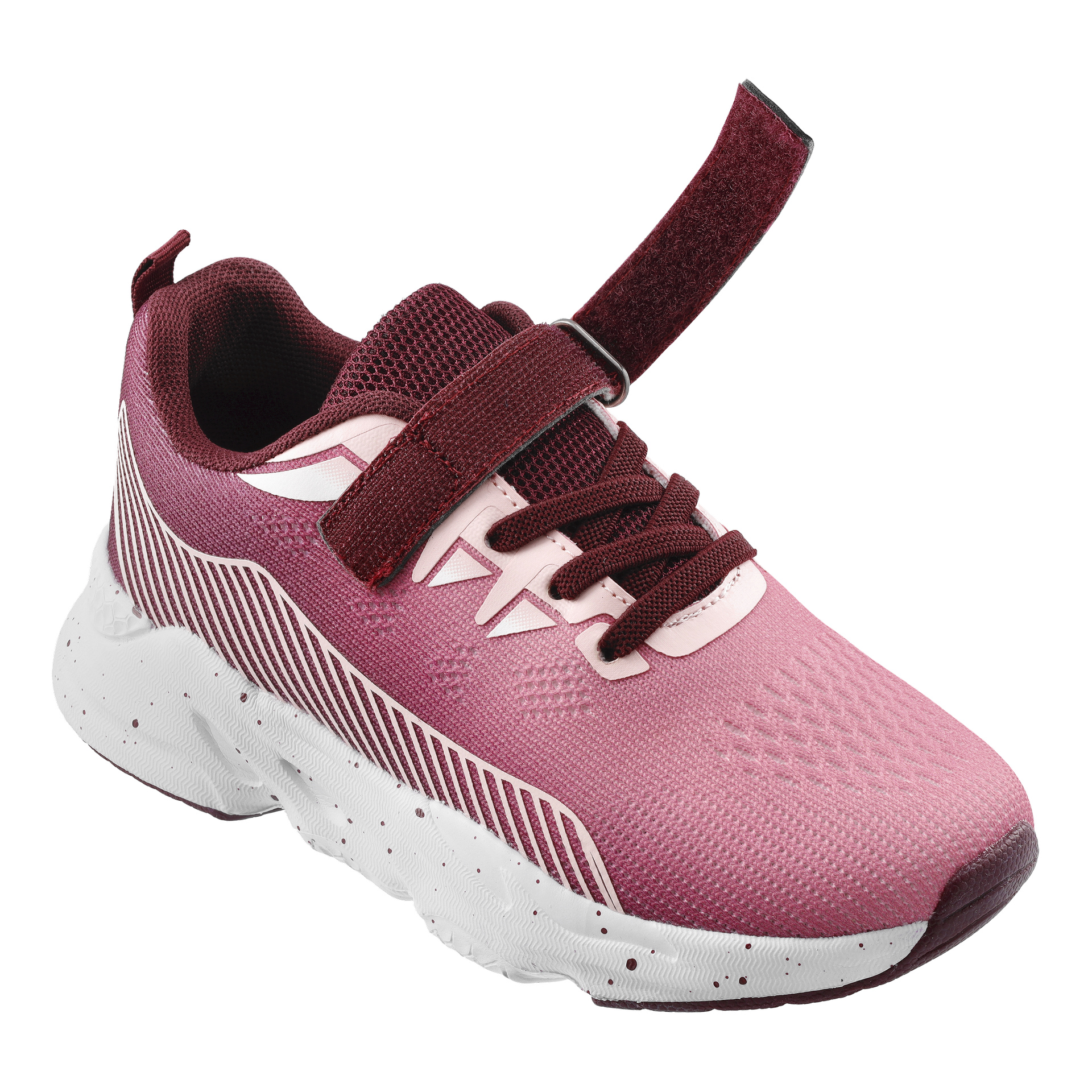 Kayoba Outdoor barnsneakers med rosa och vinröd mesh, vita sulor, snören, kardborreband och sportiga geometriska detaljer.