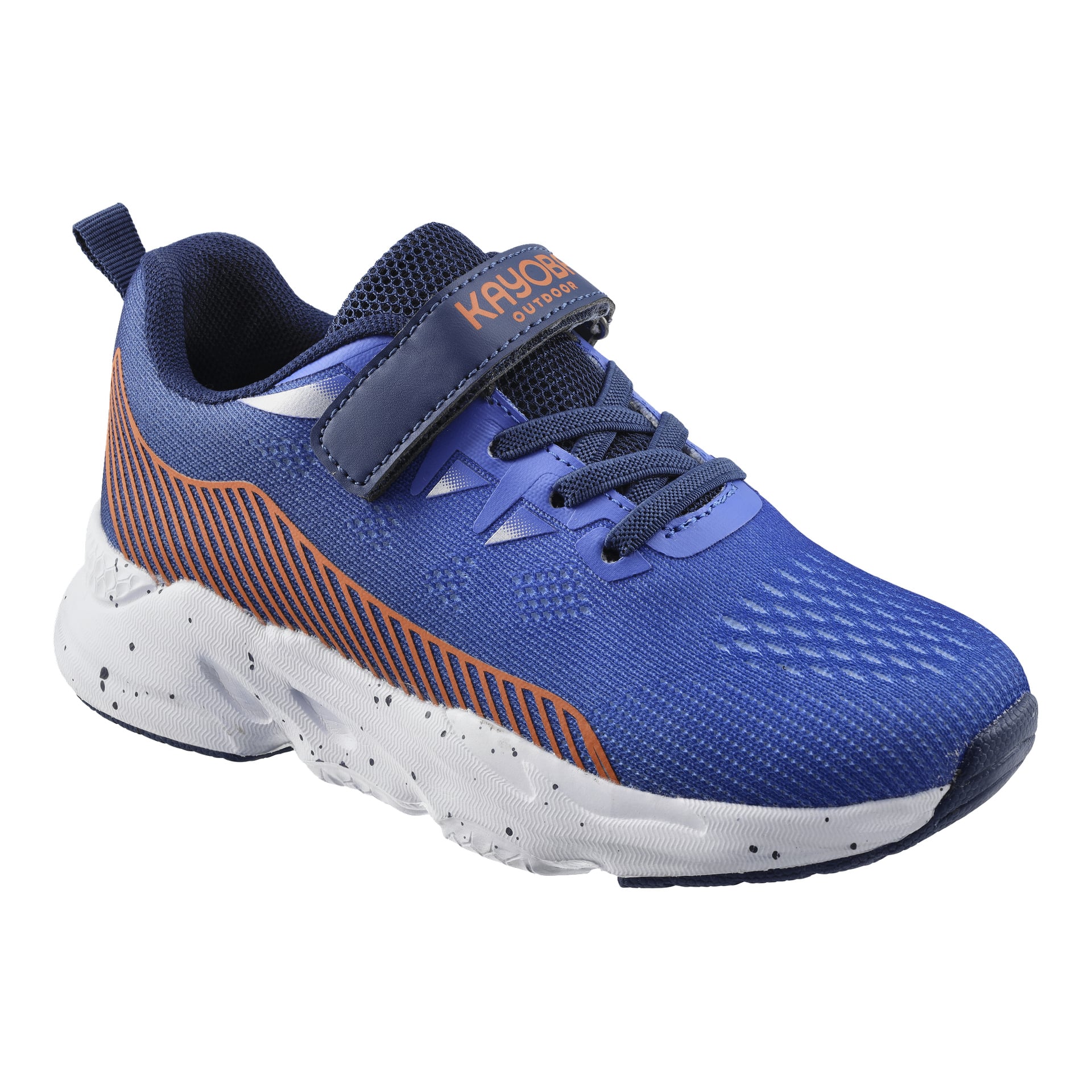 Kayoba Outdoors-sneakers för barn med blå mesh-överdelar, vita texturerade sulor, orange detaljer, marinblå snören och kardborreband.