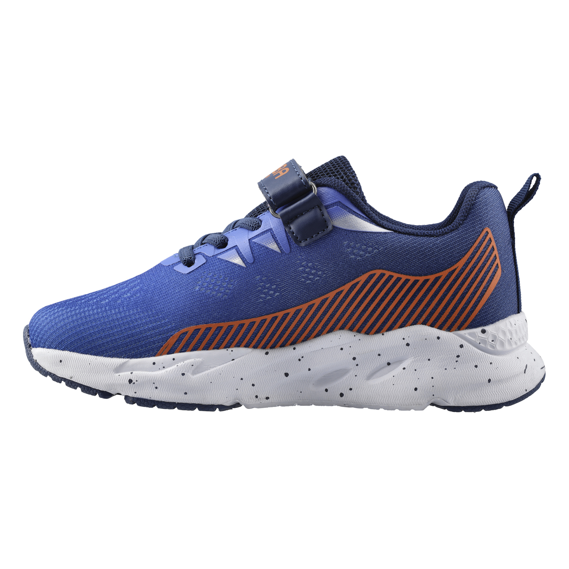 Kayoba Outdoor Kids-sneakers med blå överdelar, orange ränder, svarta snören, kardborreband och vita fläckiga sulor, sidovy.