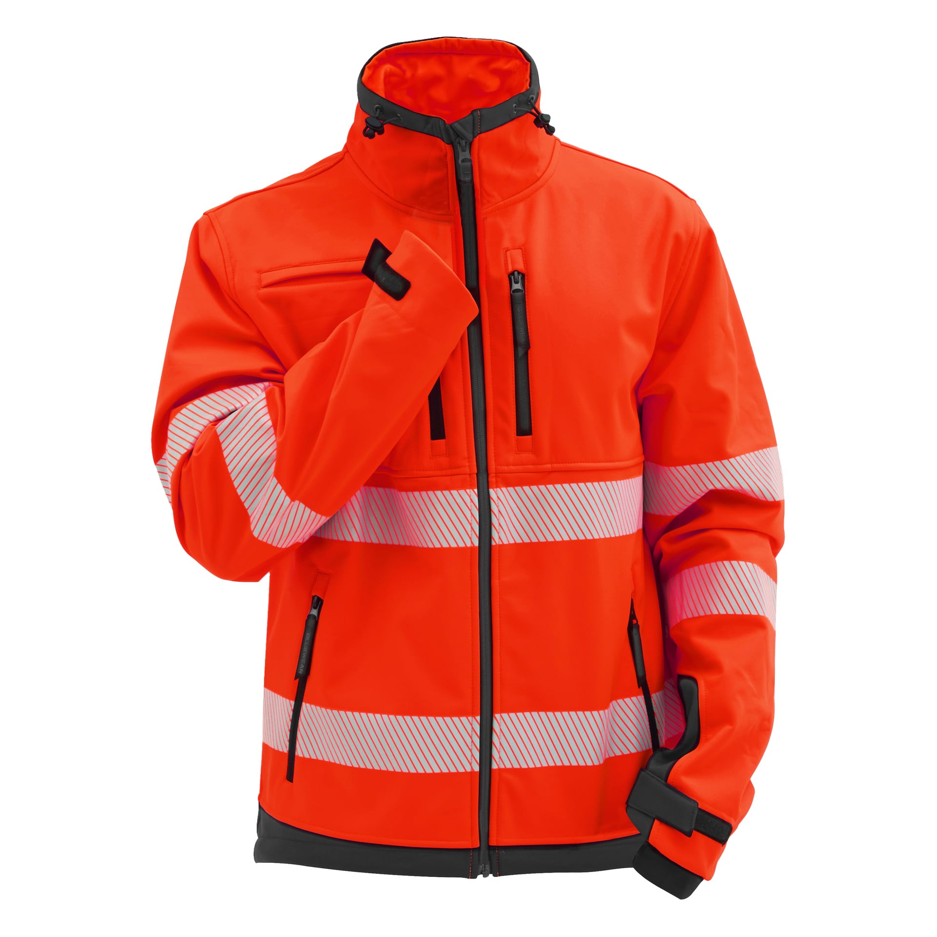 Knallorange Bluewear Hi-Vis Softshell-Jacke mit silbernen reflektierenden Streifen, schwarzem Verschluss und Reißverschleißverschluss, mehreren Reißverschlusstaschen, hohem Kragen.