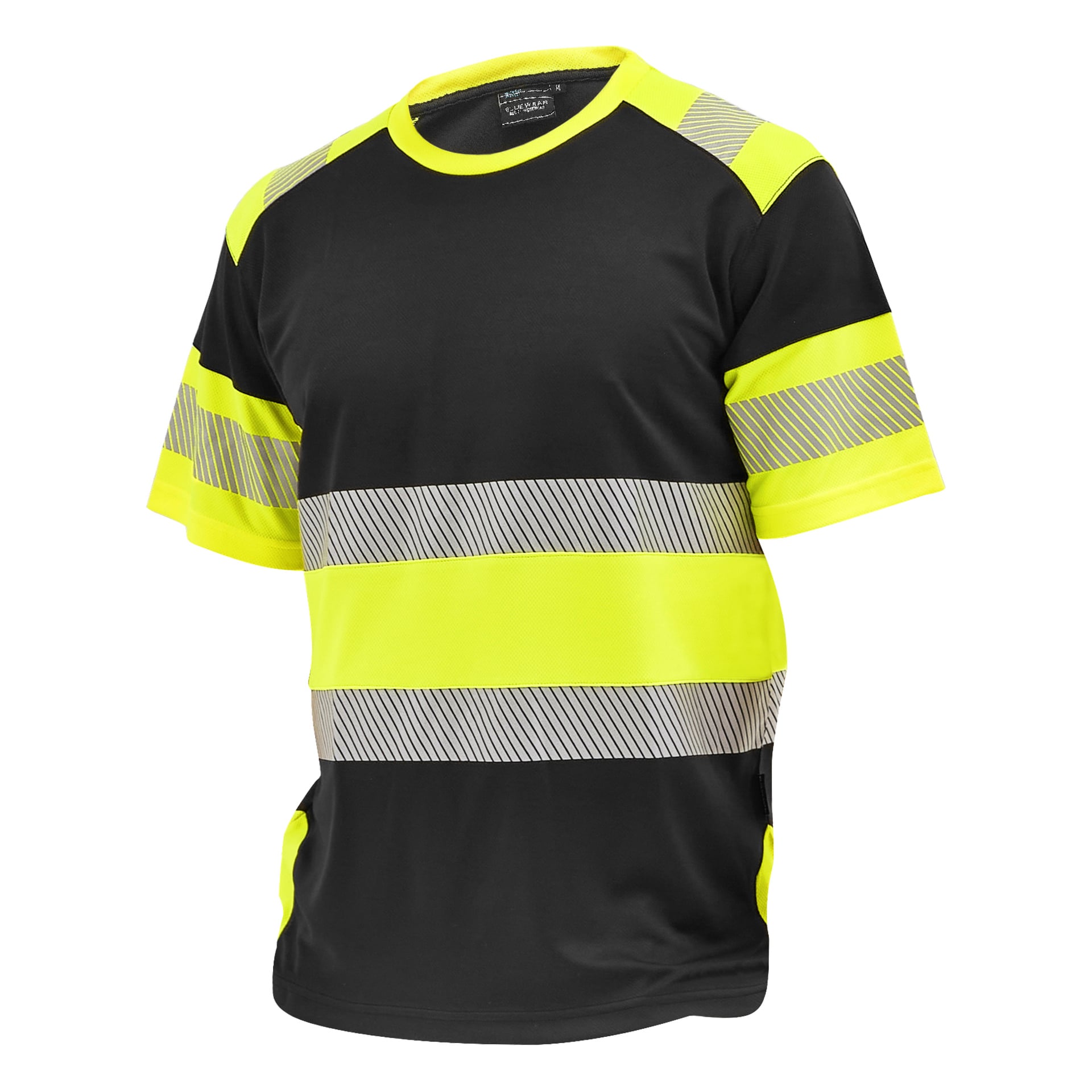 Bluewear Laval kurzärmelige Sichtbarkeitshemd in Schwarz, mit gelben reflektierenden Streifen, einem gelben Kragen und Seitenpaneelen zur Sichtbarkeit.