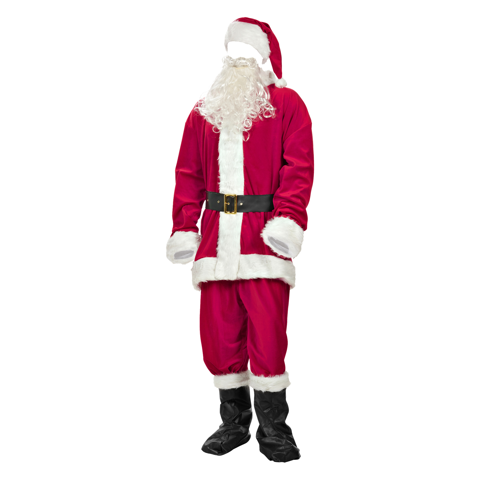 En person bär EKVIP Tomte-dräkten: röd och vit hatt, jacka med svart bälte, byxor, handskar, stövlöverdrag och lockigt skägg.