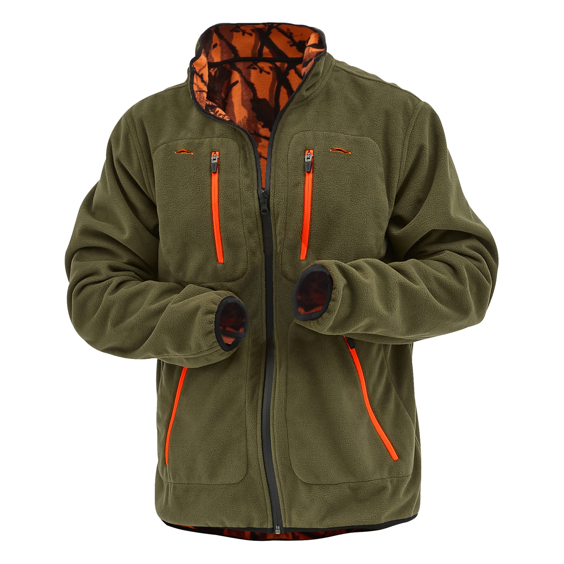Die Kayoba Outdoor-Herrenfleecejacke Cannock ist grün mit vier orangefarbenen Reißverschlusstaschen, orangefarbenen Reißverschlüssen und Tarnbesatz.