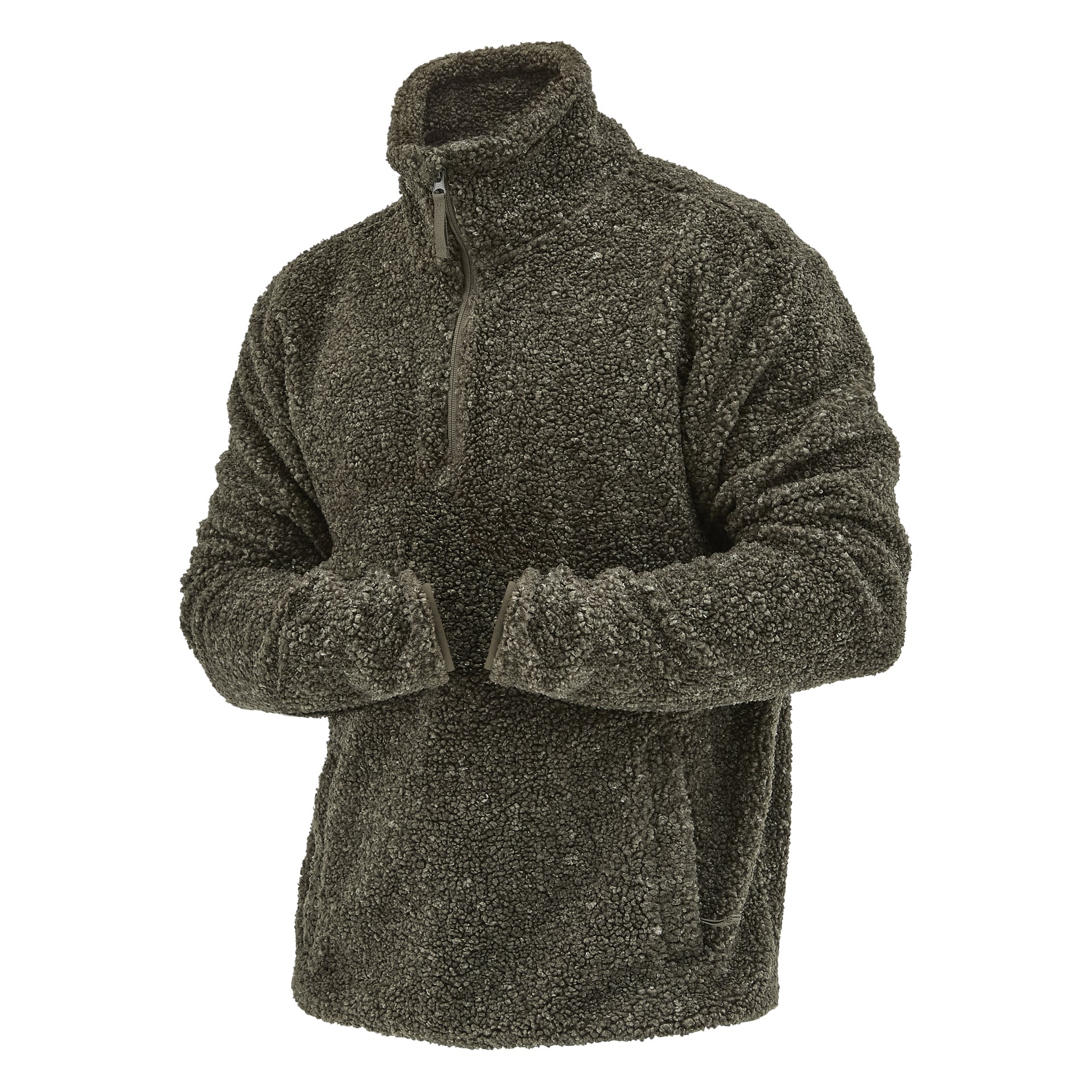 Kayoba Outdoor Men's Hamra pile jacket är en mörk olivfärgad sherpa-fleece med långa ärmar, halv dragkedja och hög krage.