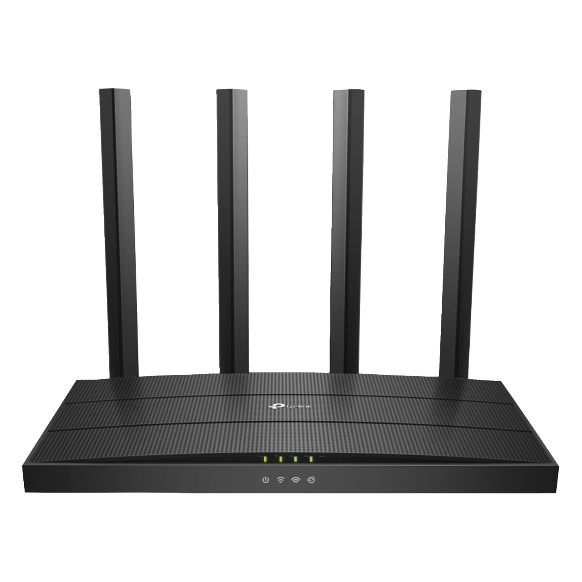 TP-Link Archer AX18 är en svart trådlös router med fyra upprättstående antenner och fyra indikatorlampor framtill.