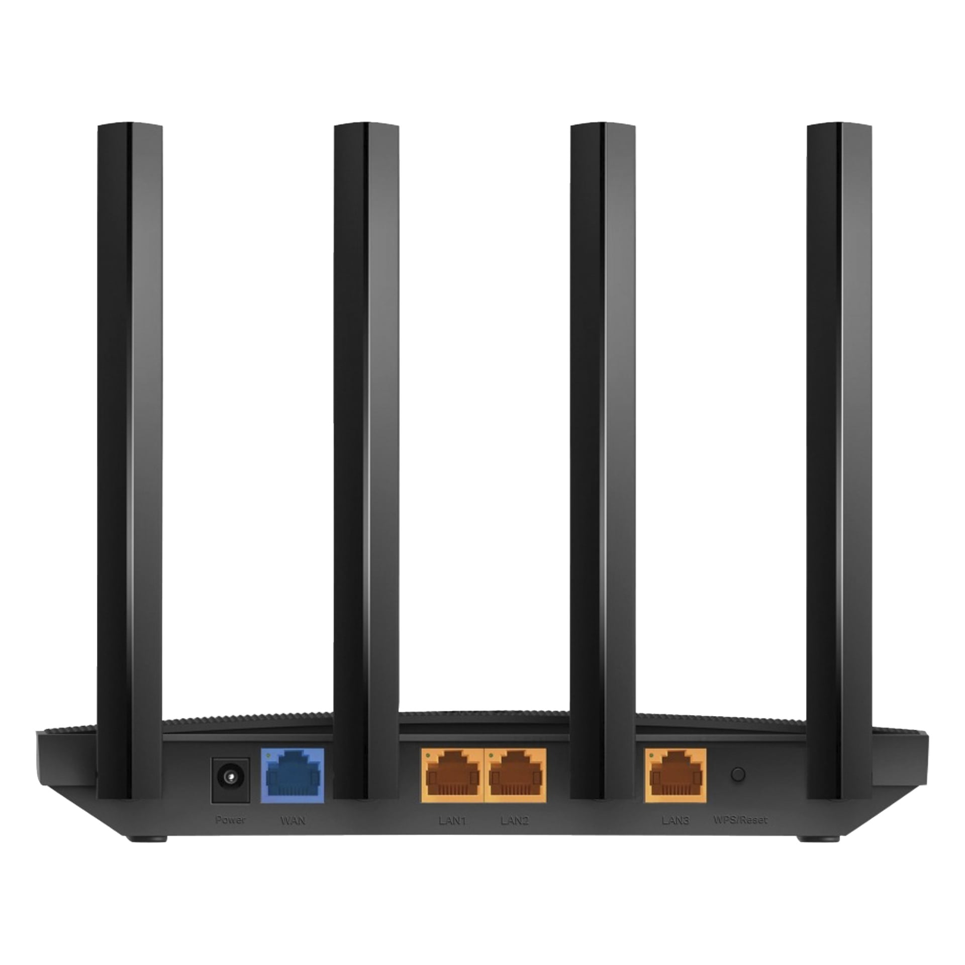 Fyra upprättstående antenner, strömingång, en blå WAN-port, tre gula LAN-portar och en liten Wi-Fi/återställ-knapp syns på baksidan.