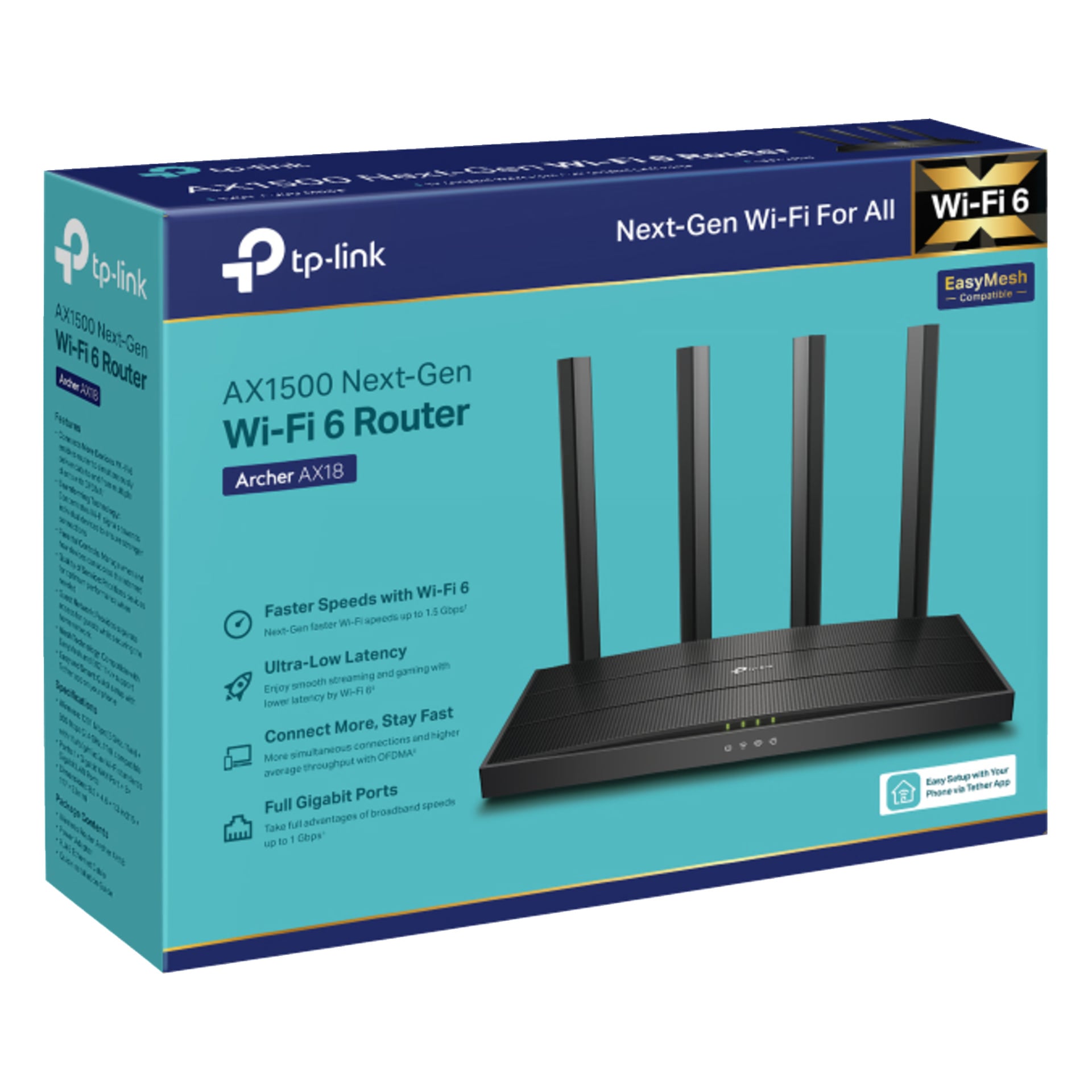 TP-Link Archer AX18 trådlös routerbox med svart router, fyra antenner, funktioner och TP-Link-märkning i blått, vitt, gult.