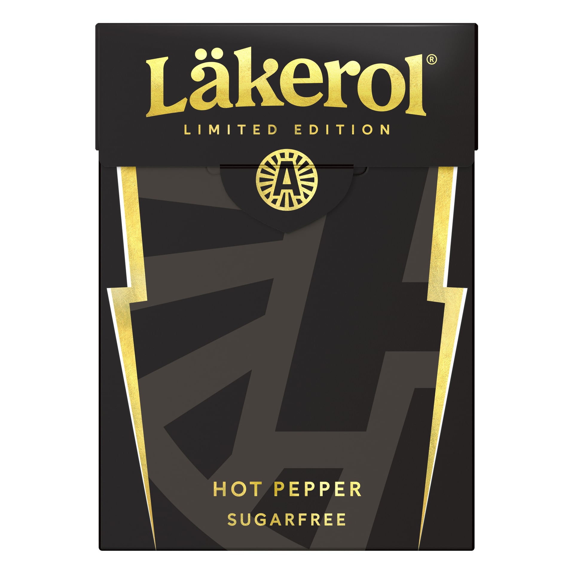 En svart Läkerol Hot Pepper Big Pack Limited Edition-låda visar guld- och vit text, gyllene blixtar och en stiliserad emblem.
