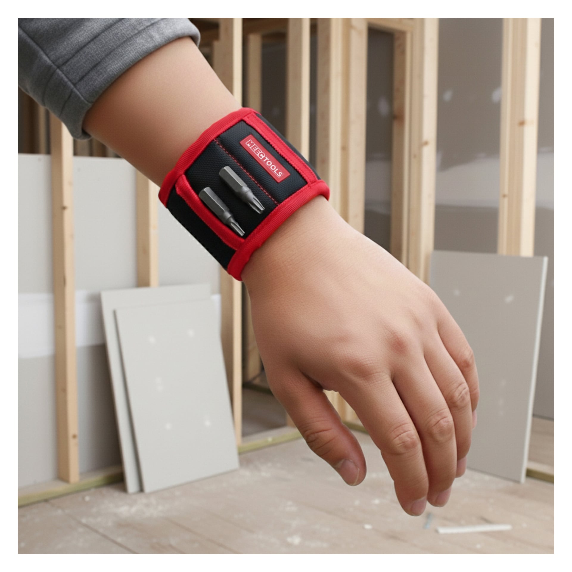 En person bär ett magnetarmband från Meec Tools som håller metallverktyg, stående i ett rum med synlig ram och gipsskivor bakom.