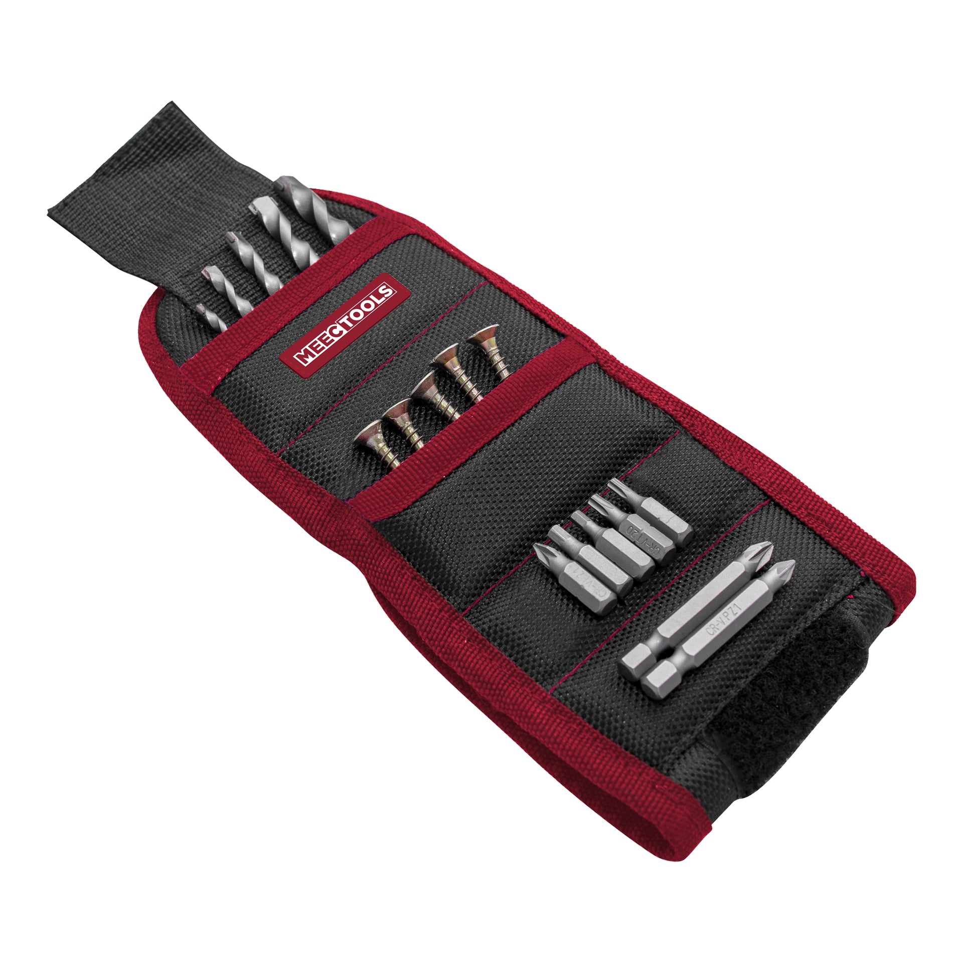 Svart och rött magnetarmband med Meec Tools-logga, som säkert håller olika borr- och skruvmejselbits i organiserade spår.