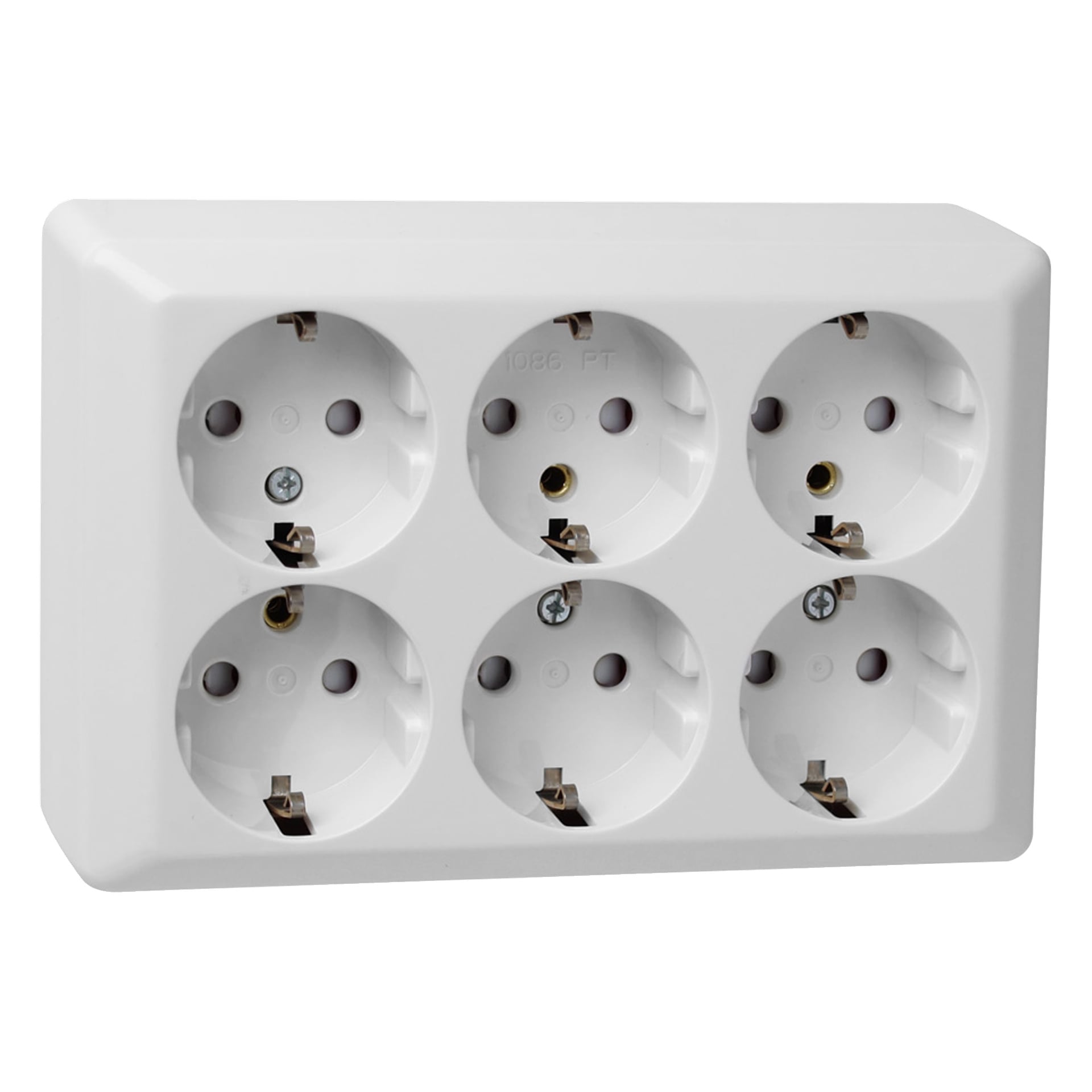 ELKO Wall Socket RS er en hvit rektangulær adapter med seks runde europeiske kontakter arrangert i to rader med tre runder.