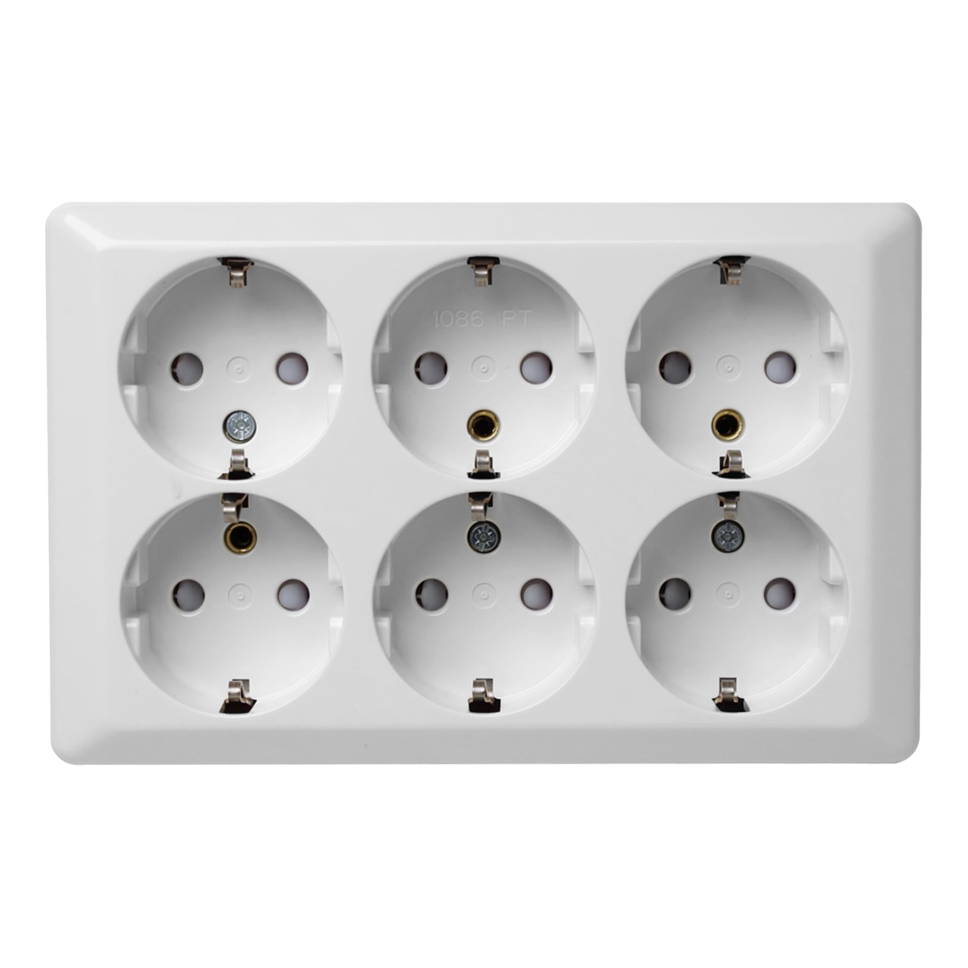 En hvit ELKO Wall socket RS med seks runde europeiske stikkontakter, arrangert i to rader på tre, hver med jordingshull.