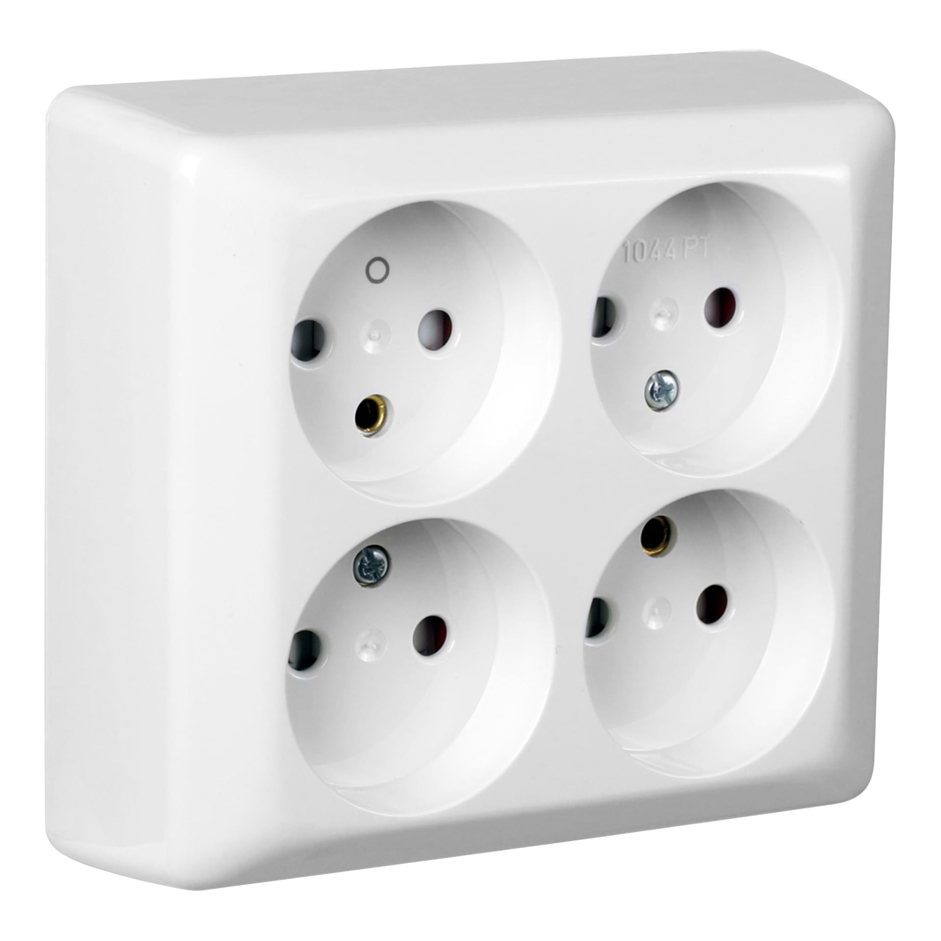 ELKO Wall Socket RS er en hvit, rektangulær stikkontakt med fire runde stikkontakter i et 2x2 rutenett, hver med skodder og jording.