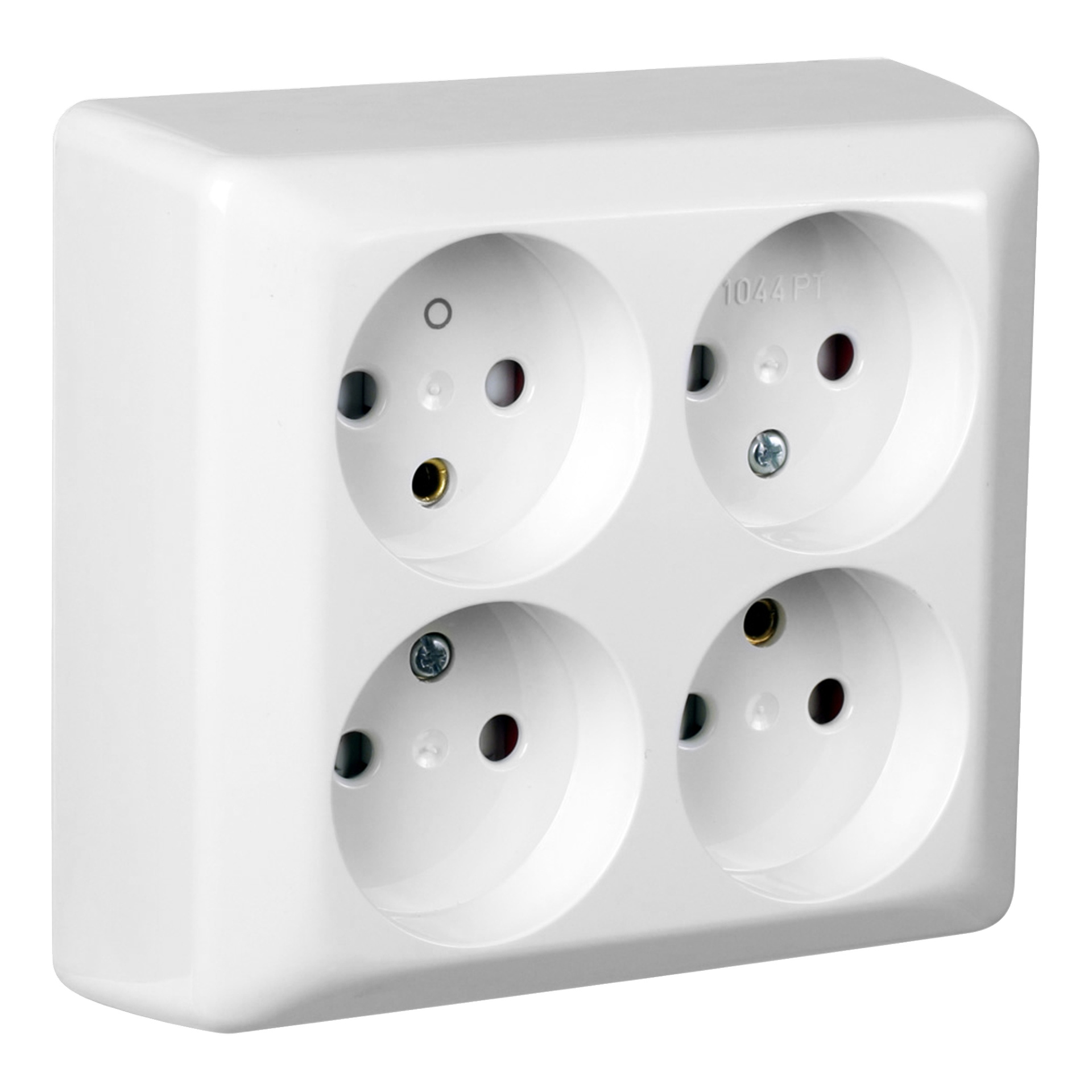ELKO Wall Socket RS er en hvit, rektangulær stikkontakt med fire runde stikkontakter i et 2x2 rutenett, hver med skodder og jording.