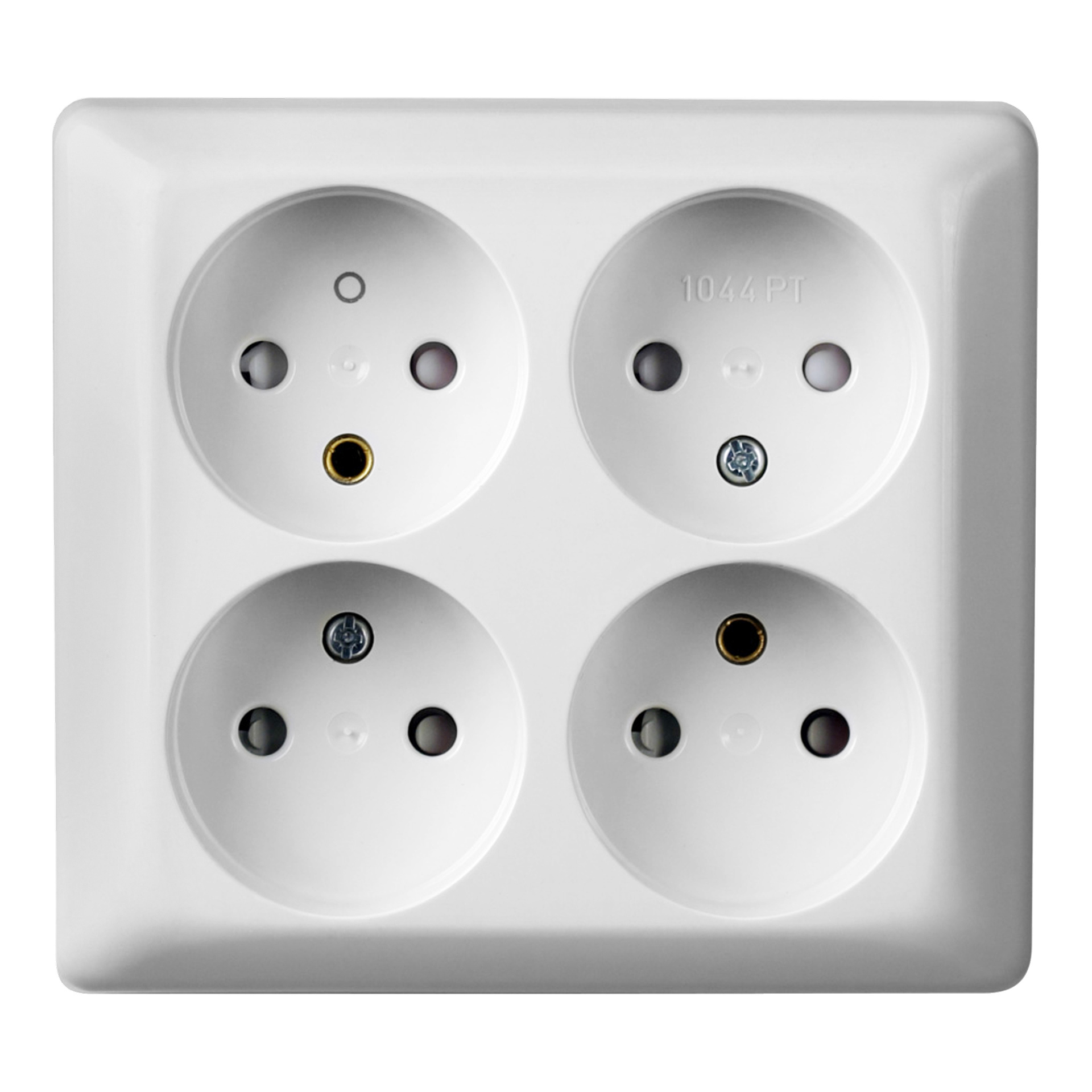 ELKO Wall socket RS med fire runde Euro-stikkontakter i et 2x2 rutenett, hver med tapphull og jord; øverst til høyre merket 1044 PT.
