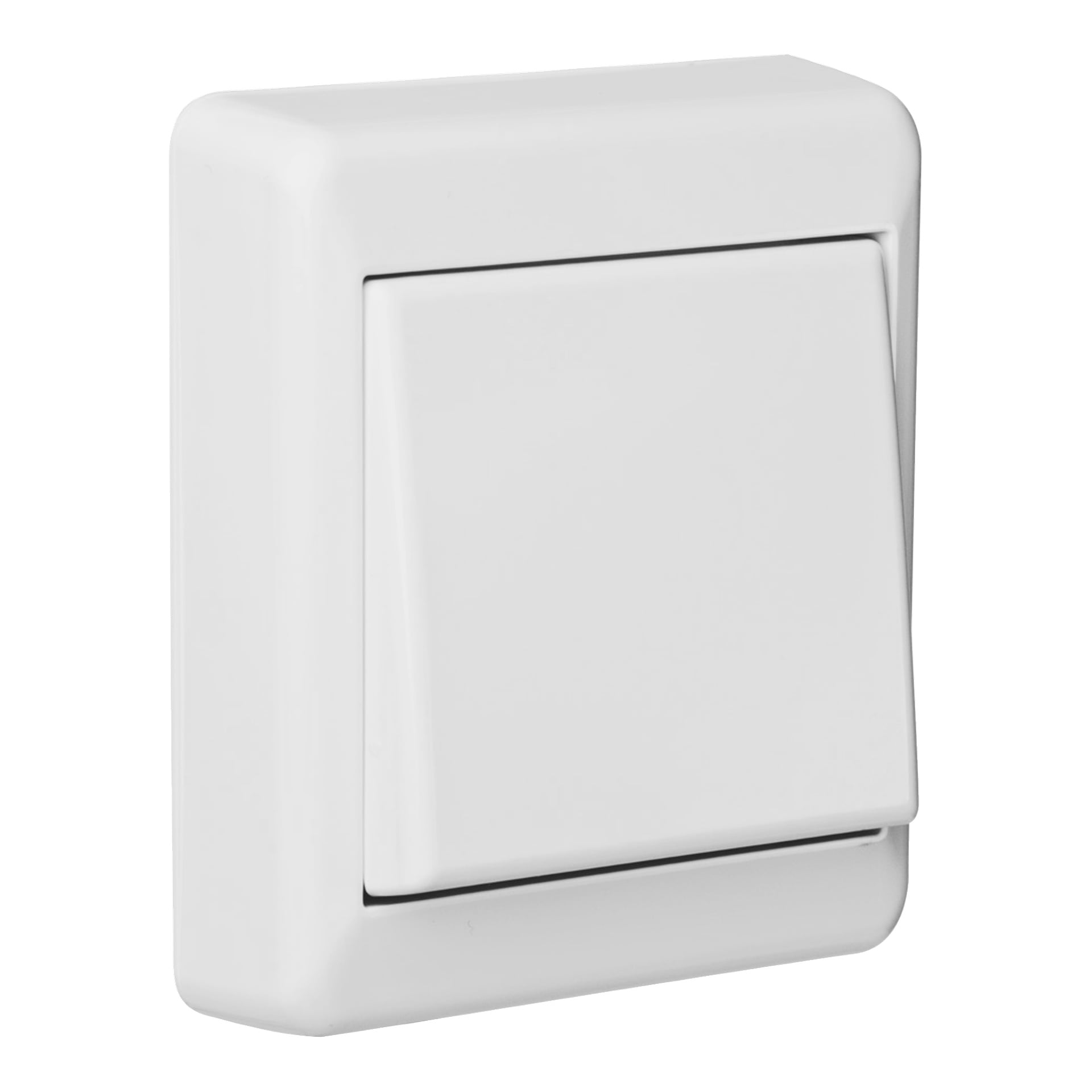 Nærbilde av en ELKO Power-bryter RS, en hvit, rektangulær veggmontert lysbryter med et slankt, moderne utseende.