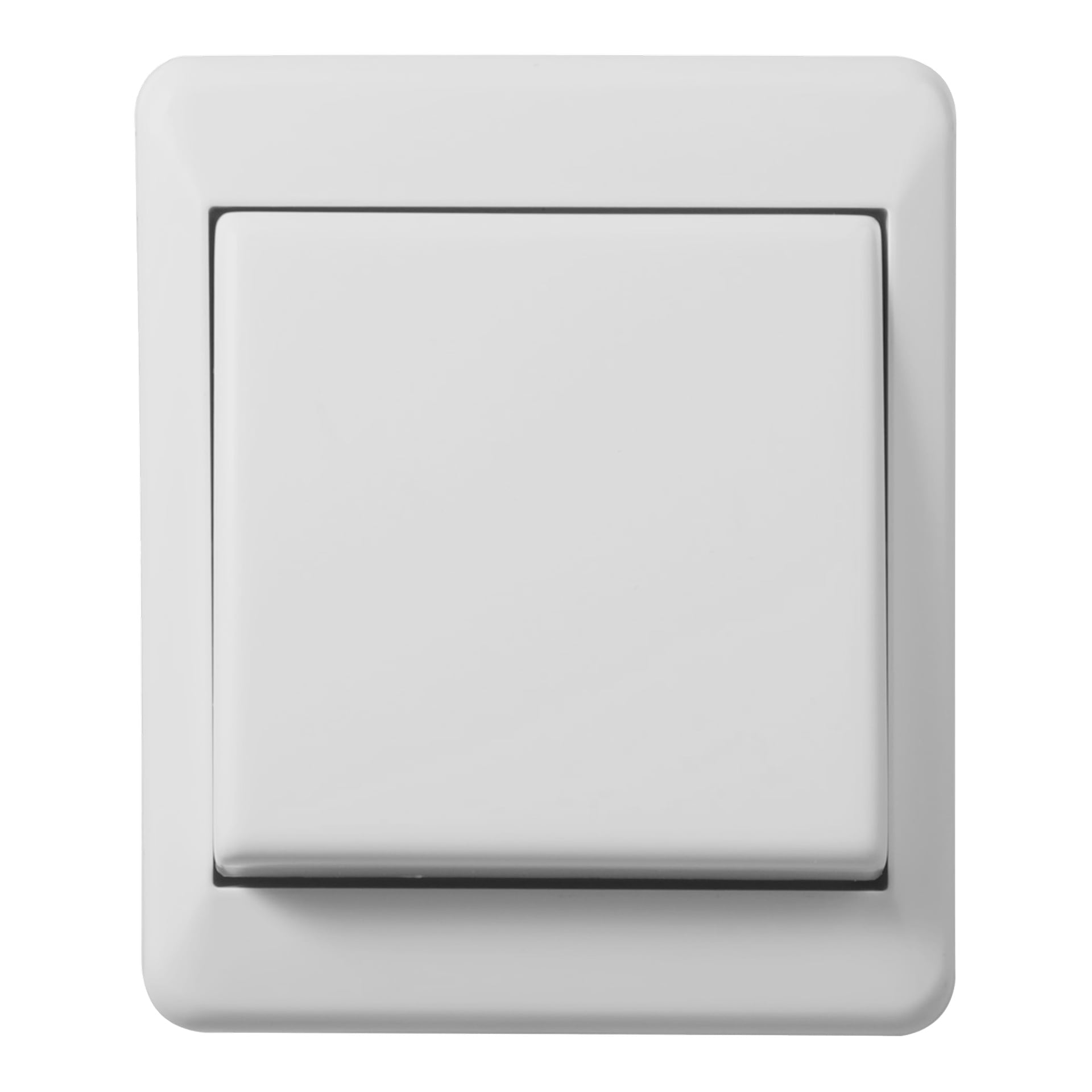 Nærbilde av ELKO Power Switch RS, med et firkantet, hvitt design med skarpe linjer, montert på en vegg og slått av.