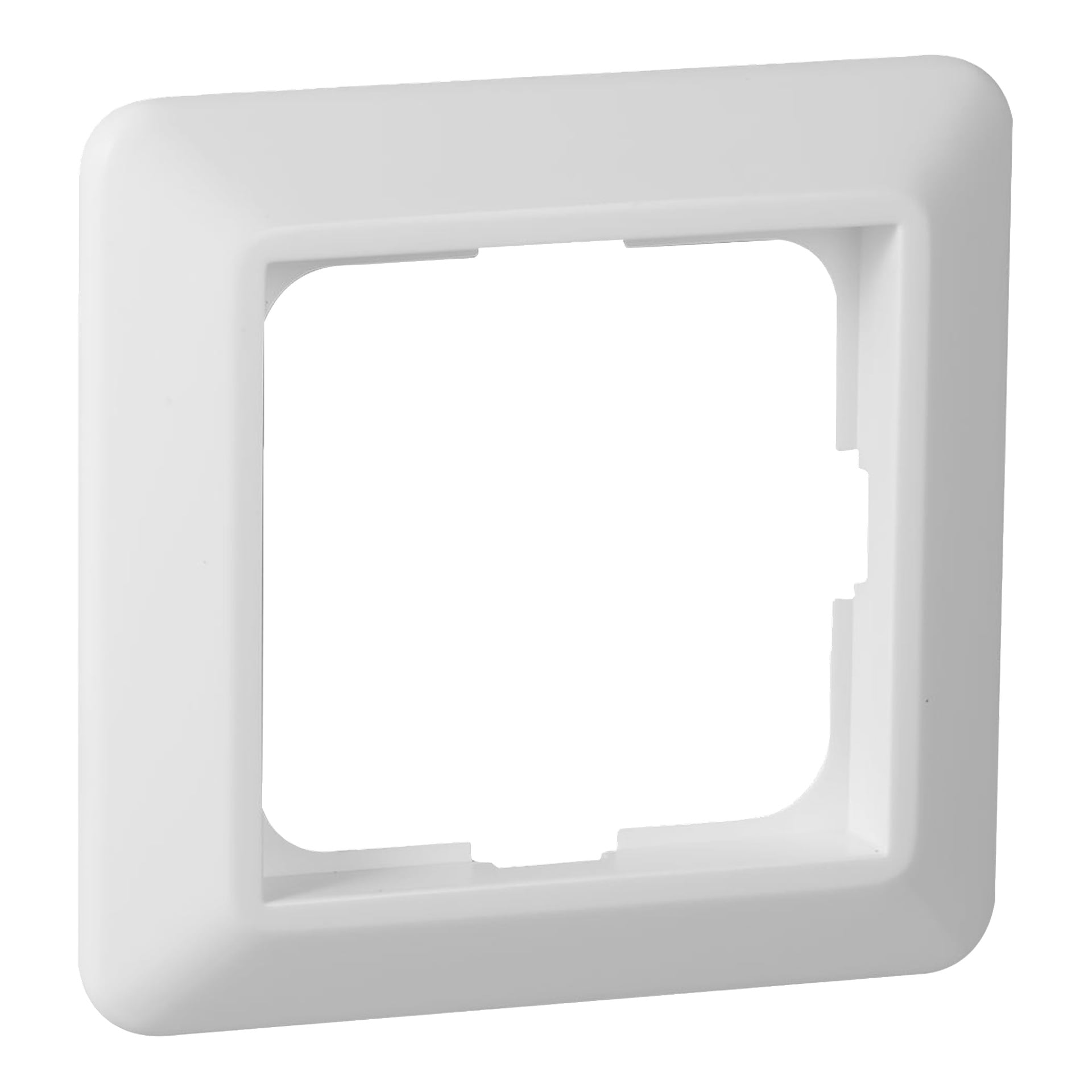 ELKO Cover Frame RS er en hvit plastveggplate med skrå kanter og et firkantet senter, laget for elektriske brytere eller stikkontakter.