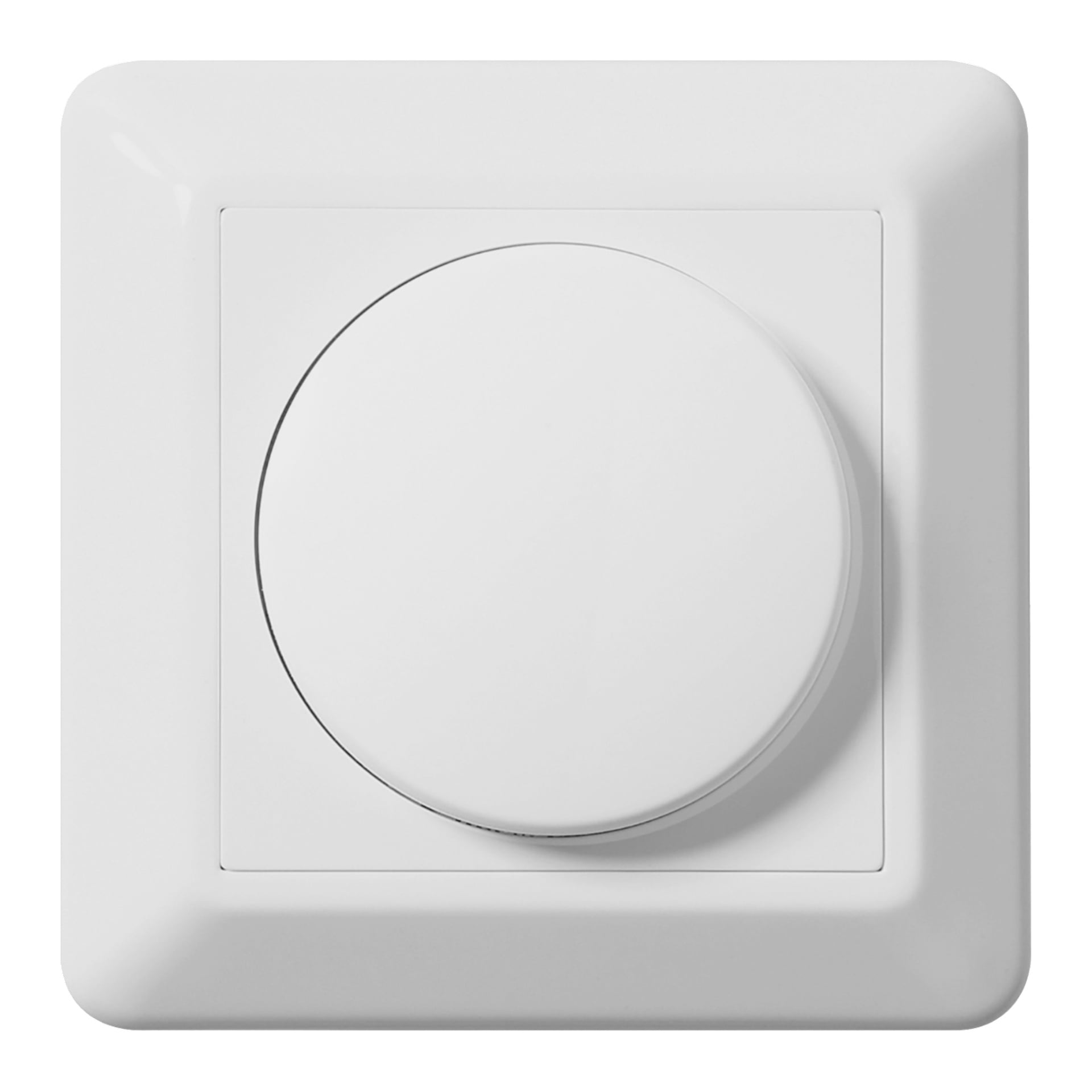 Nærbilde av ELKO Dimmer RS, en hvit firkantet veggbryter med en stor rund sentral knott og elegant minimalistisk design.