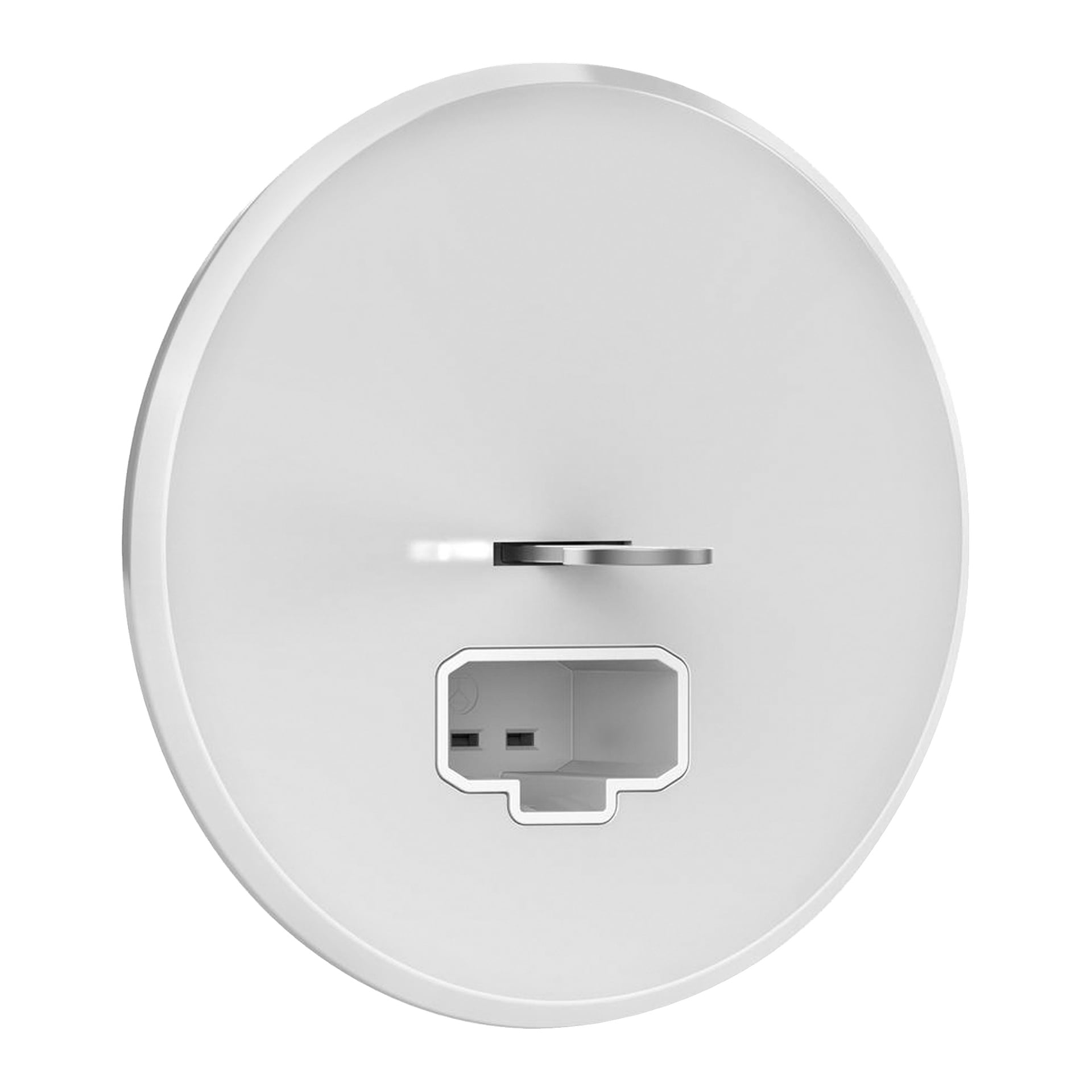 En rund hvit ELKO DCL-lampesokkel med RS-veggplate med en USB-kontakt i midten og en horisontal metallspalte over.