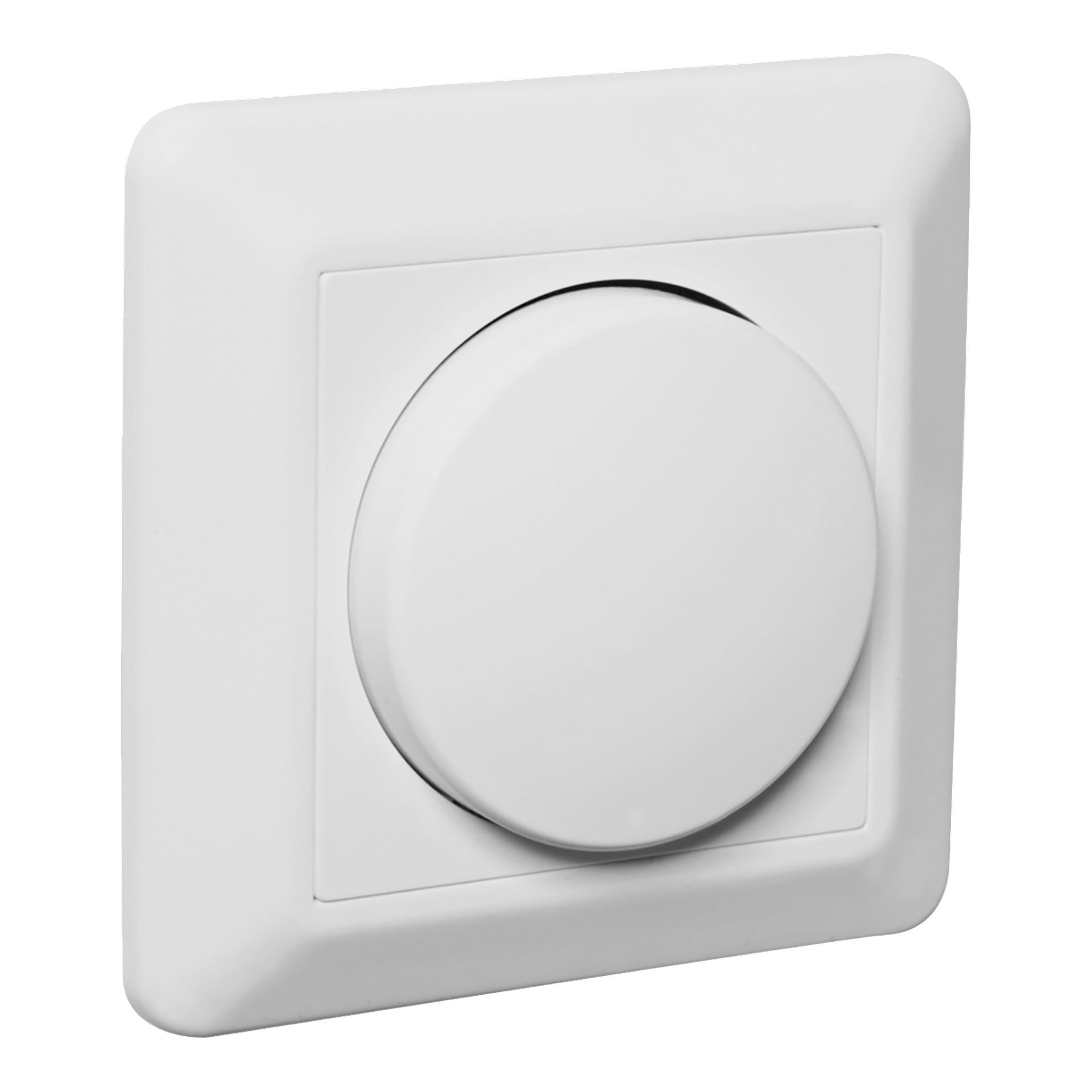 En firkantet, hvit veggmontert ELKO Dimmer RS med en fremtredende rund knapp og et slankt, minimalistisk design.
