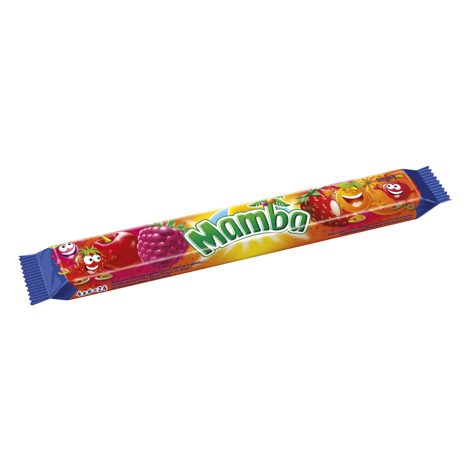 Mamba-frukttuggpaket med illustrerade äpple-, hallon-, apelsin- och jordgubbs-liknande tuggben på en ljus bakgrund och med en djärv grön logga.