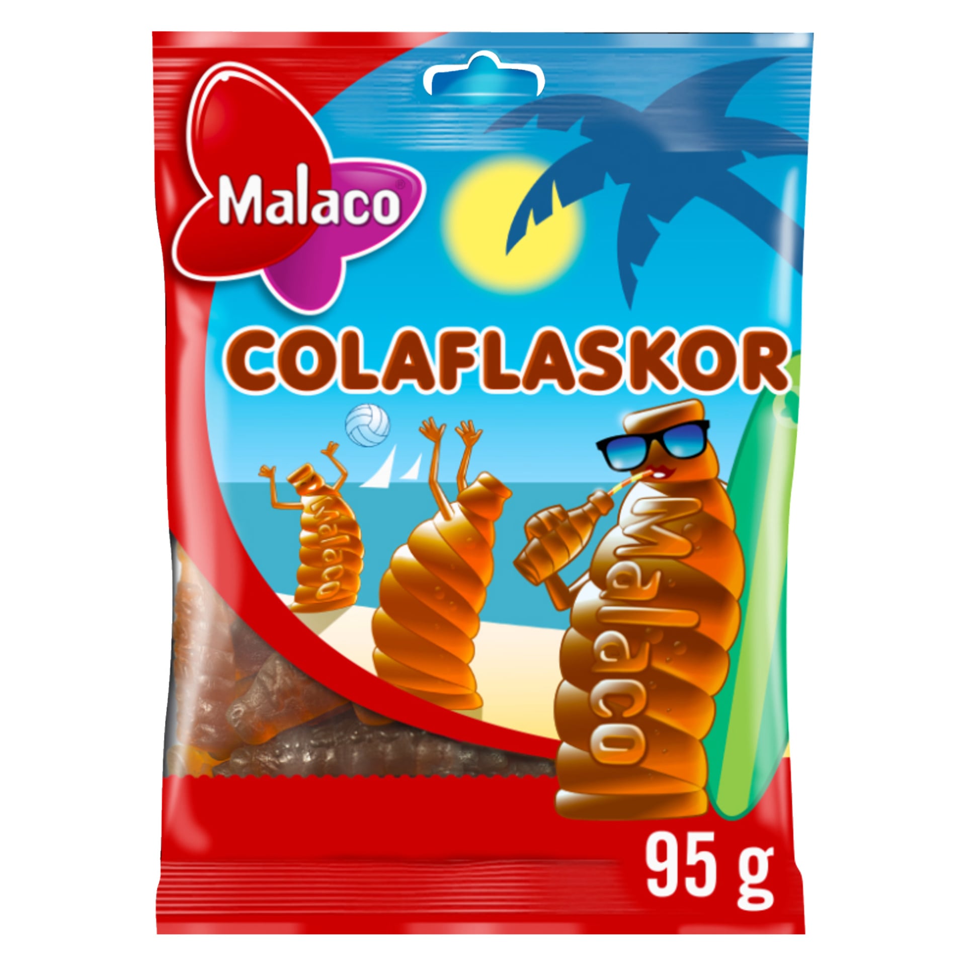 En 95-liters Malaco Cola-flaska godispåse visar tecknade colaflaskor på stranden med palm, sol, tält och volleybollnät.