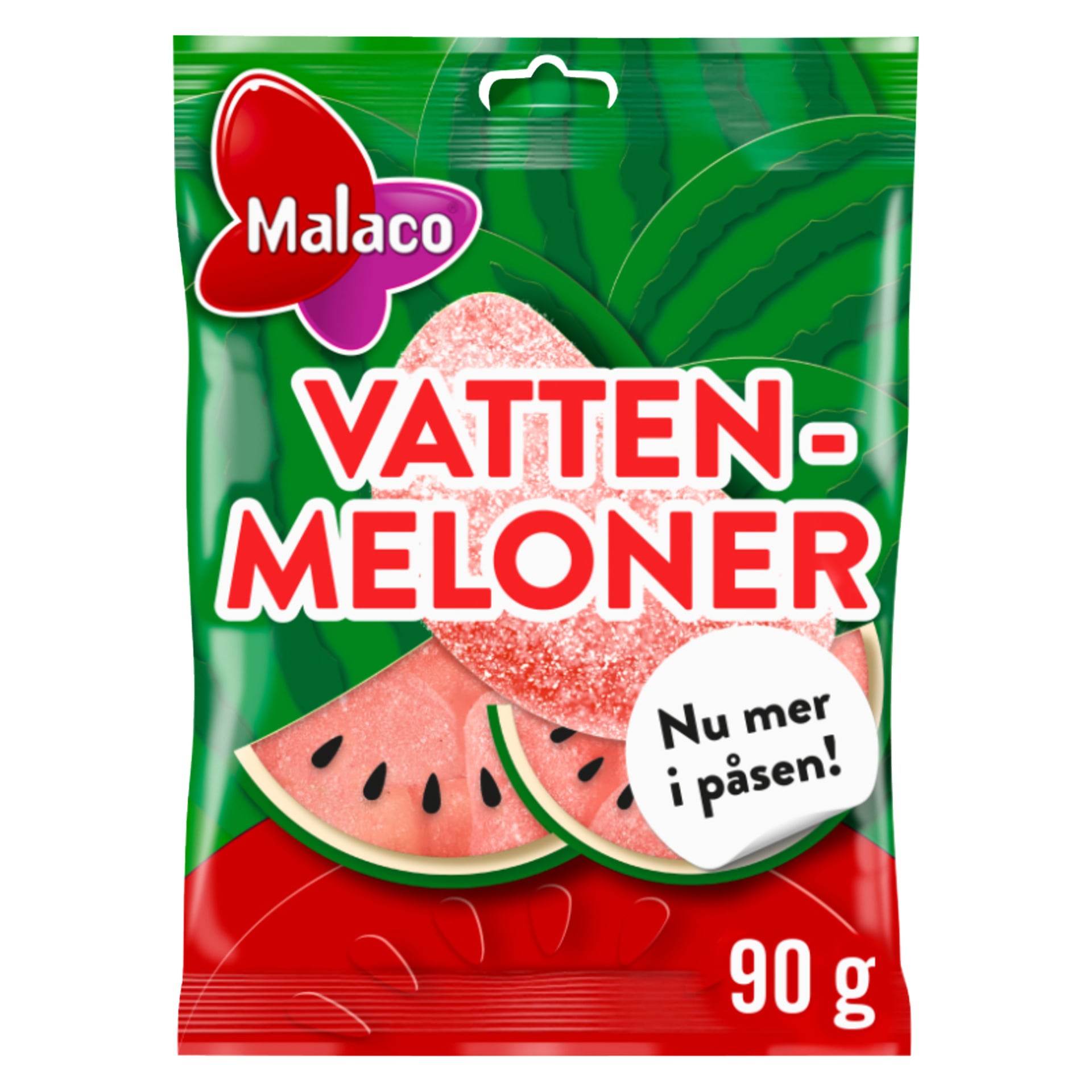En 90g Malaco Watermelons-godispåse i grön förpackning med vattenmelonskivor och fraserna "Nu mer i påsen!" och "Watermelons.