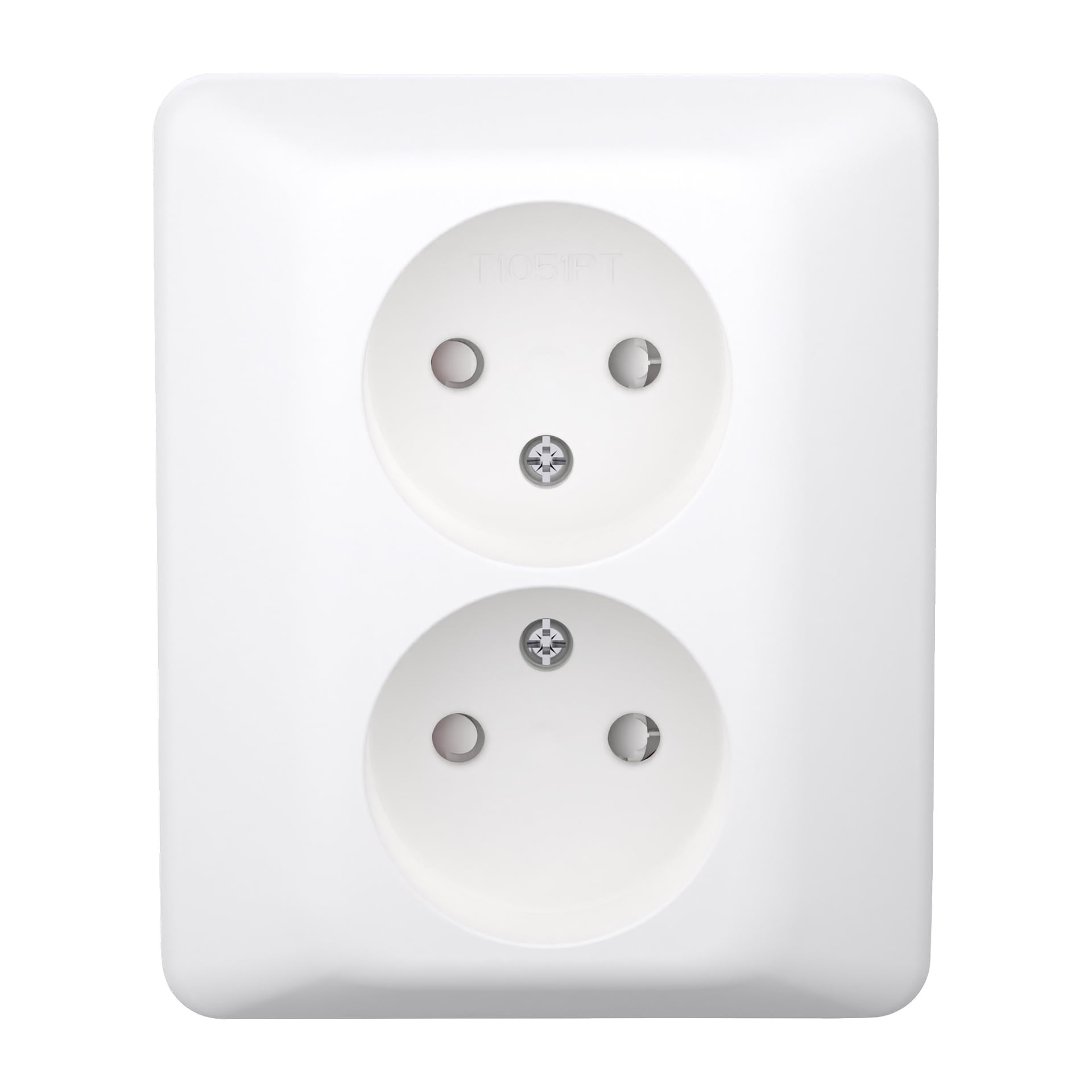 ELKO Wall socket RS har en hvit rektangulær plate med to runde piper, hver med to pinnehull og en jordspor.
