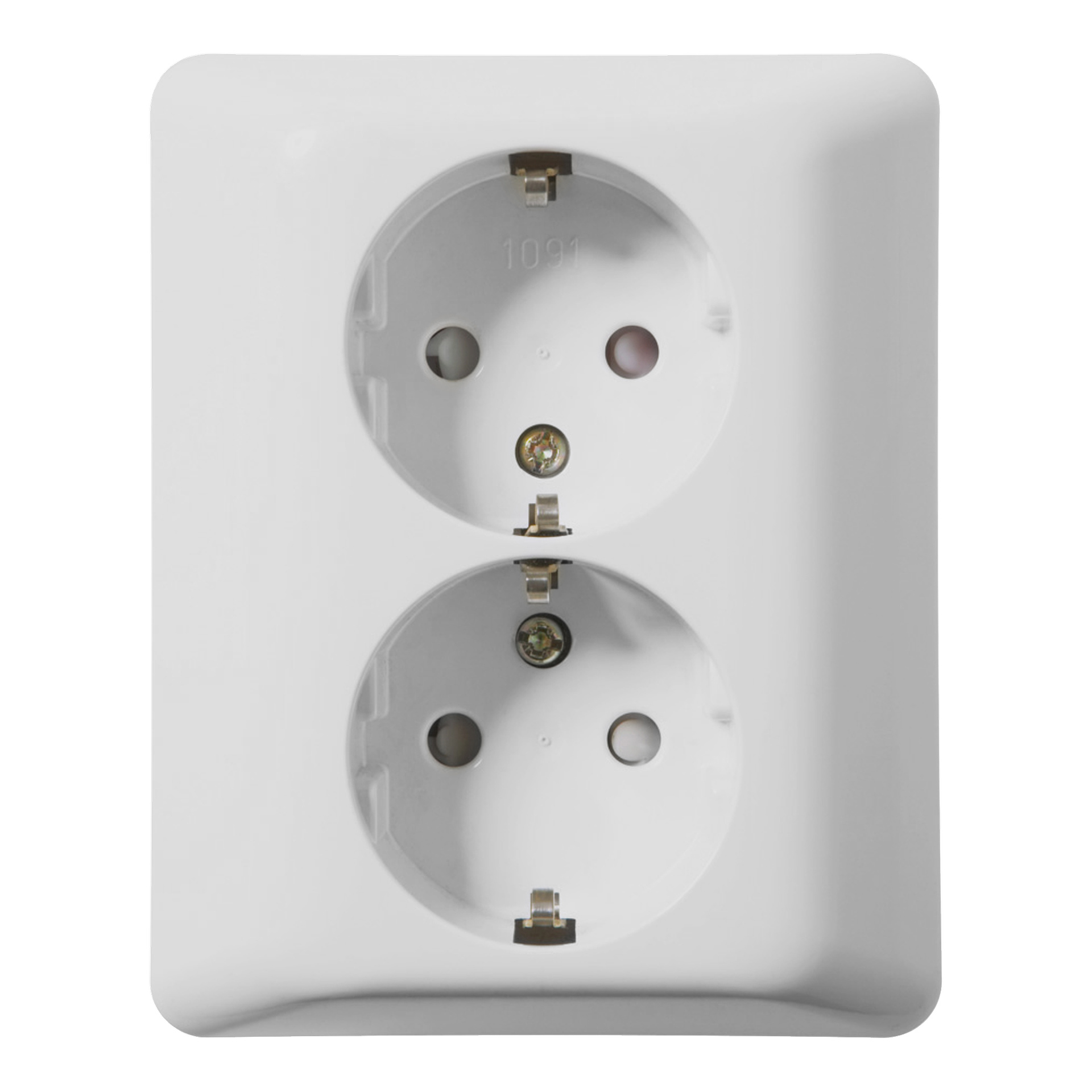 Nærbilde av en ELKO Wall socket RS, med en hvit dobbel Euro-stil stikkontakt med to runde stikkontakter på en rektangulær plate.