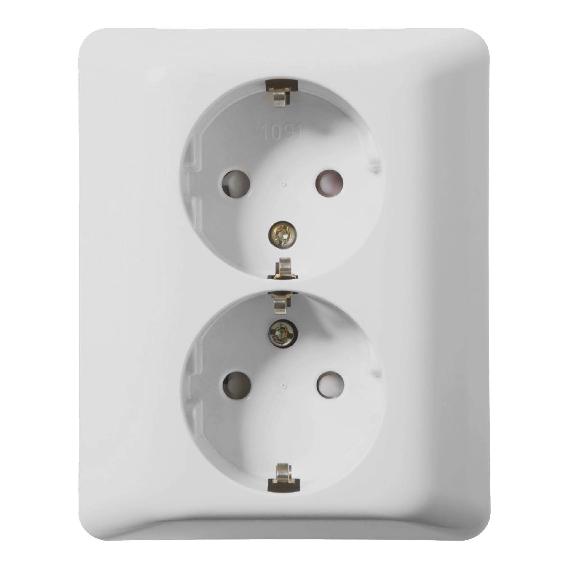 Nærbilde av en ELKO Wall socket RS, med en hvit dobbel Euro-stil stikkontakt med to runde stikkontakter på en rektangulær plate.