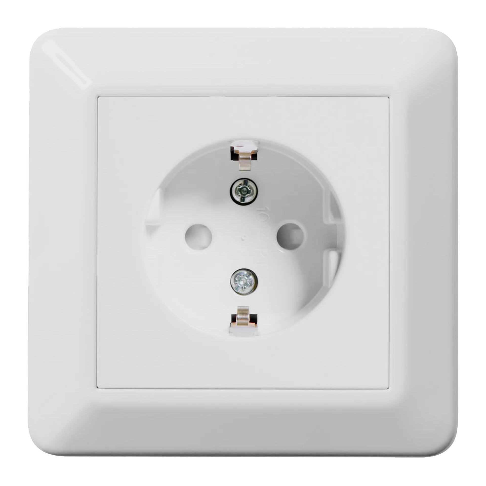 Nærbilde av en ELKO Wall socket RS i en firkantet ramme, som viser et hvitt europeisk design med to runde åpninger og en jordingsstift.