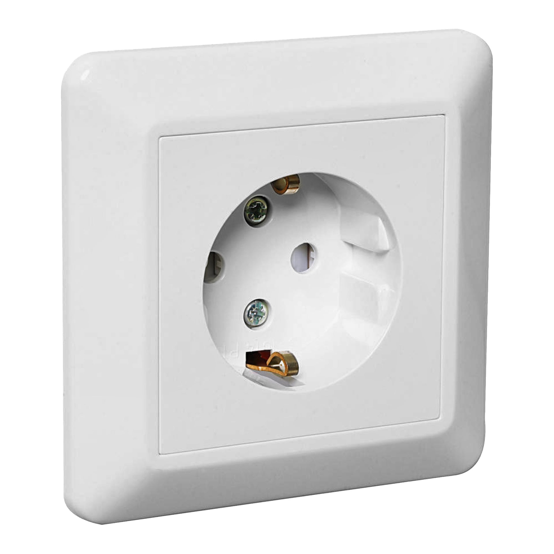 Nærbilde av ELKO Wall socket RS, med en hvit europeisk stikkontakt med to runde hull og en jordingspinne på en firkantet frontplate.