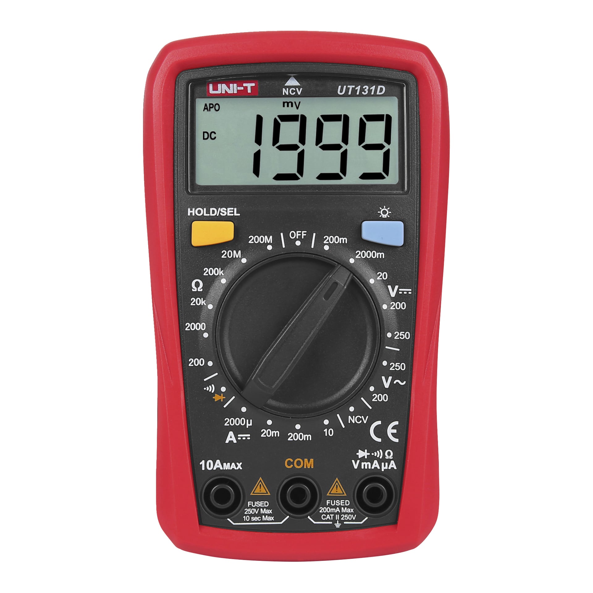 Röd och svart digital multimeter som visar 1999, med en central ratt för inställningar och tre ingångsportar: 10A max, COM och VΩmAμA.