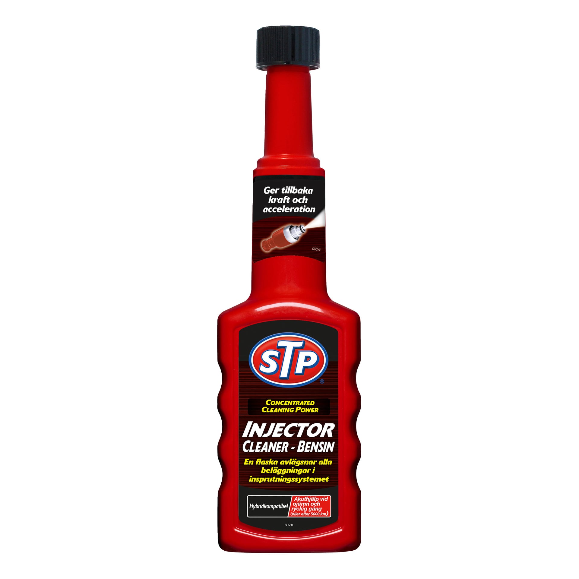 En röd flaska STP Injector Cleaner för bensinmotorer med blå kork. Etiketten visar STP-logotypen och detaljer om rengöring av avlagringar och prestandaförbättring.