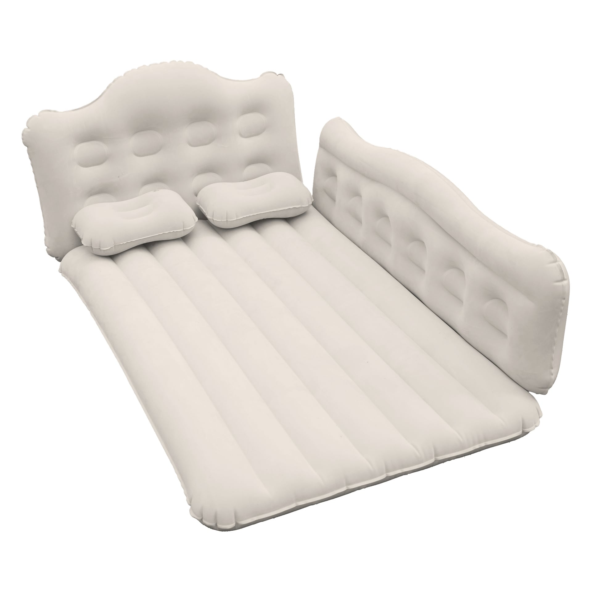 Lys beige oppblåsbar madrass med hevede sider, rygg i hodegjerdestil, sengehester og to matchende puter.