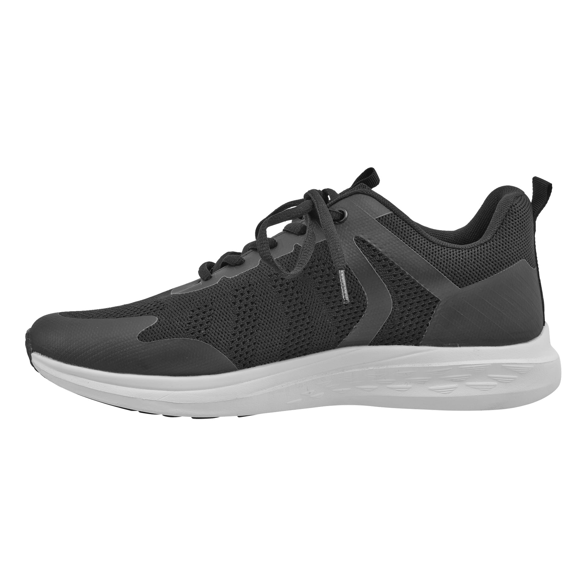 Sidovy av en atletisk sneaker i svart mesh med svarta snören, en vit vadderad sula och en dragflik bak.