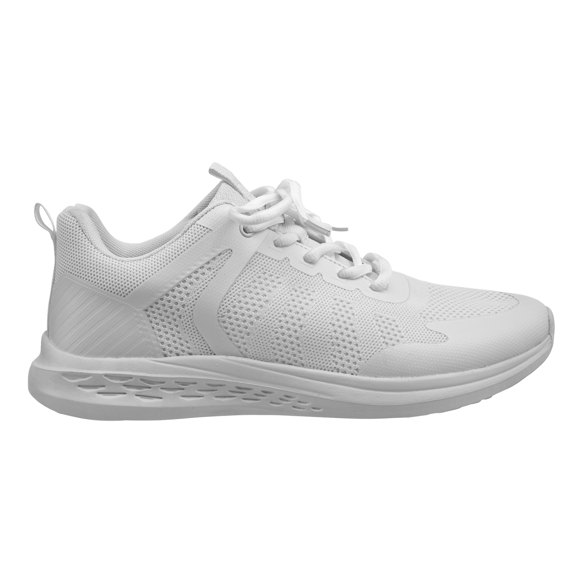 Seitenansicht eines weißen Sportsneakers mit Mesh-Einsätzen, synthetischen Overlays, weißen Schnürsenkeln und einer strukturierten Gummisohle auf einfarbigem Hintergrund.
