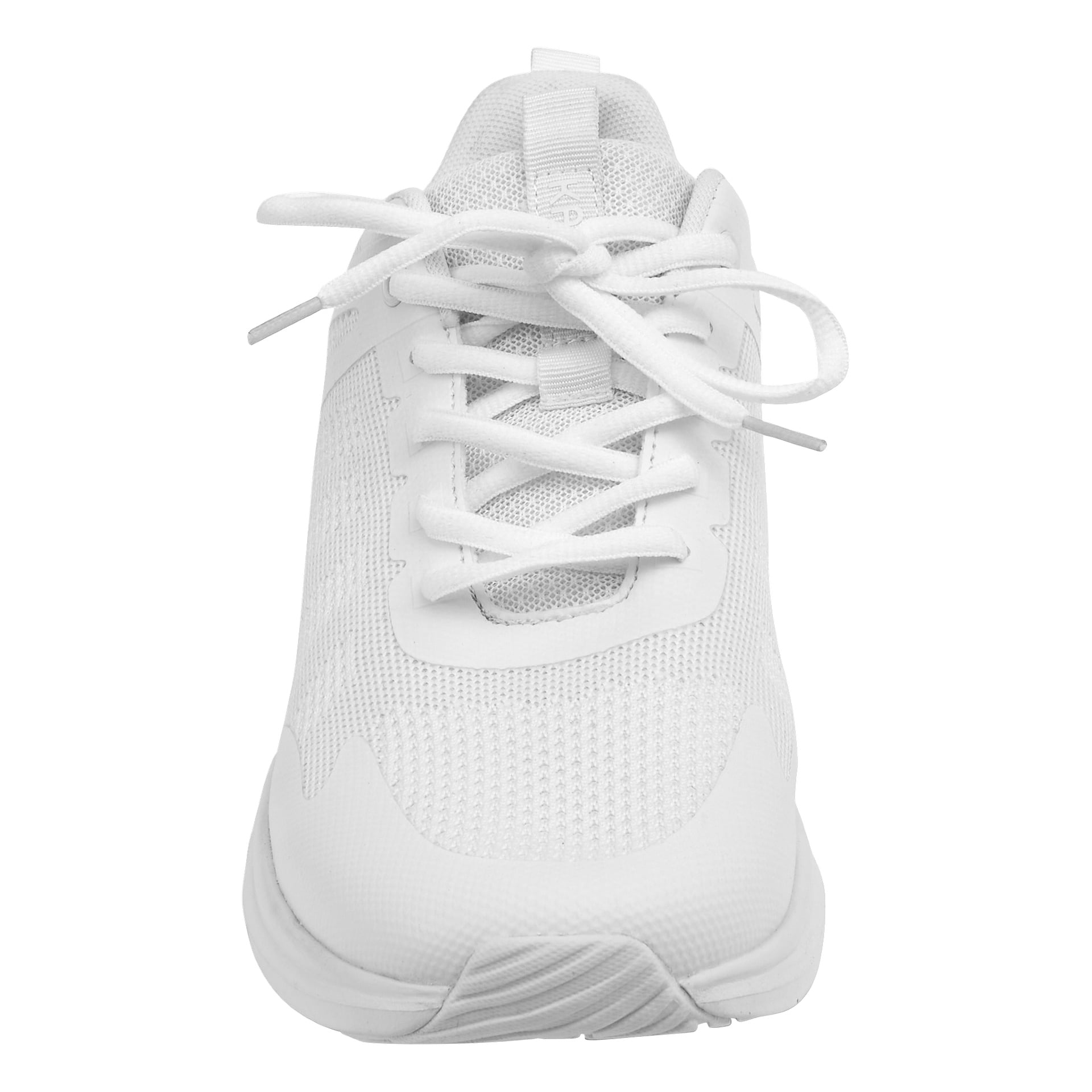 Vit atletisk sneaker fotograferad ovanifrån, med vita snören, överdel i mesh och en mönstrad gummisula.