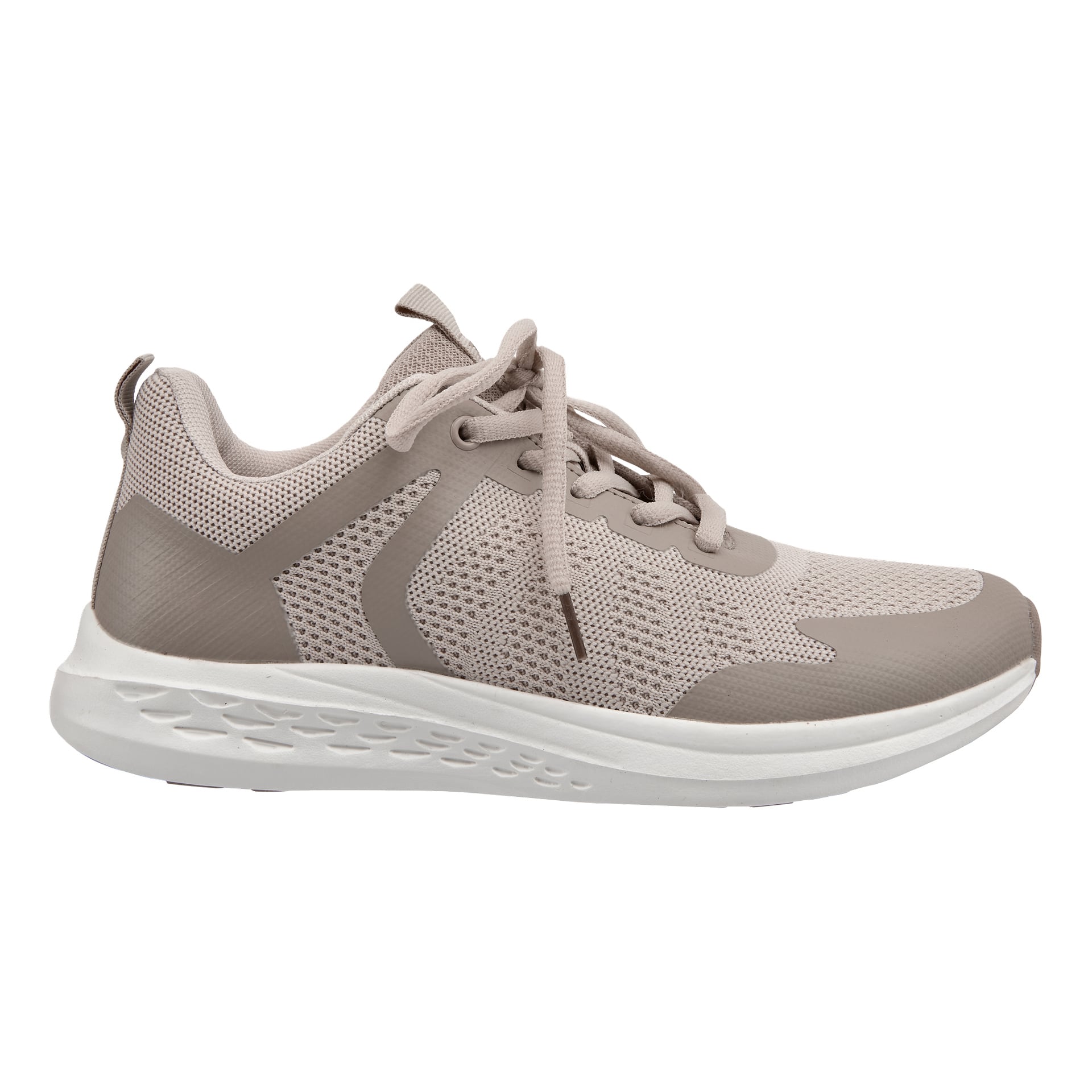 Beige atletisk joggesko med nettingtopp, lisser, hvit polstret såle, subtile geometriske detaljer og en pull-on-løkke bak.